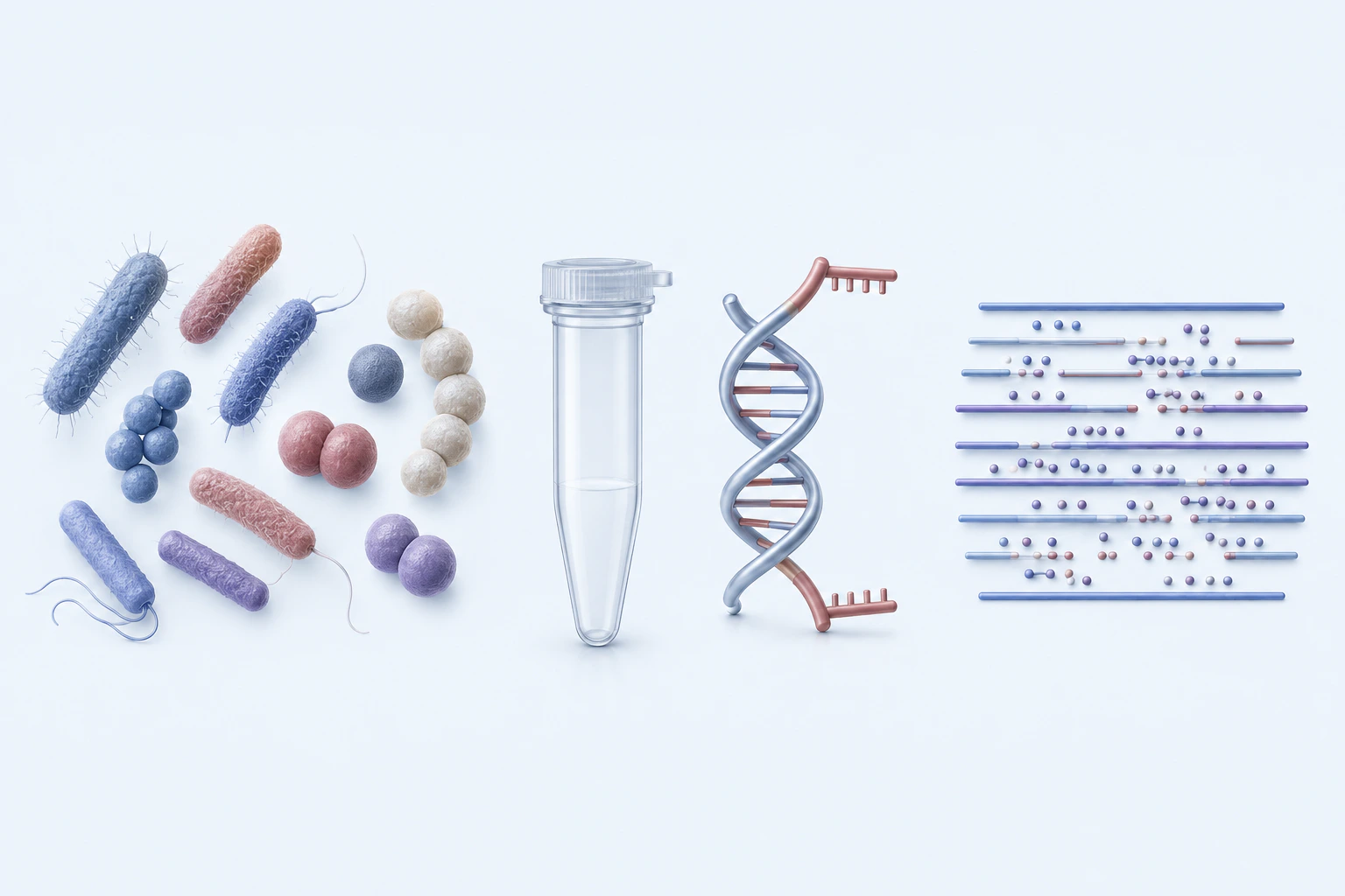 Mixed generic bacterial forms, a sample tube with an unlabeled DNA model, and an abstract read-like panel appear separately.
