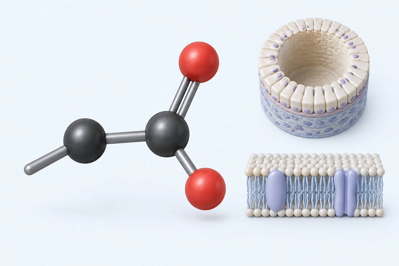 A two-carbon, two-oxygen acetate heavy-atom model appears beside separate epithelial-tube and membrane teaching models.