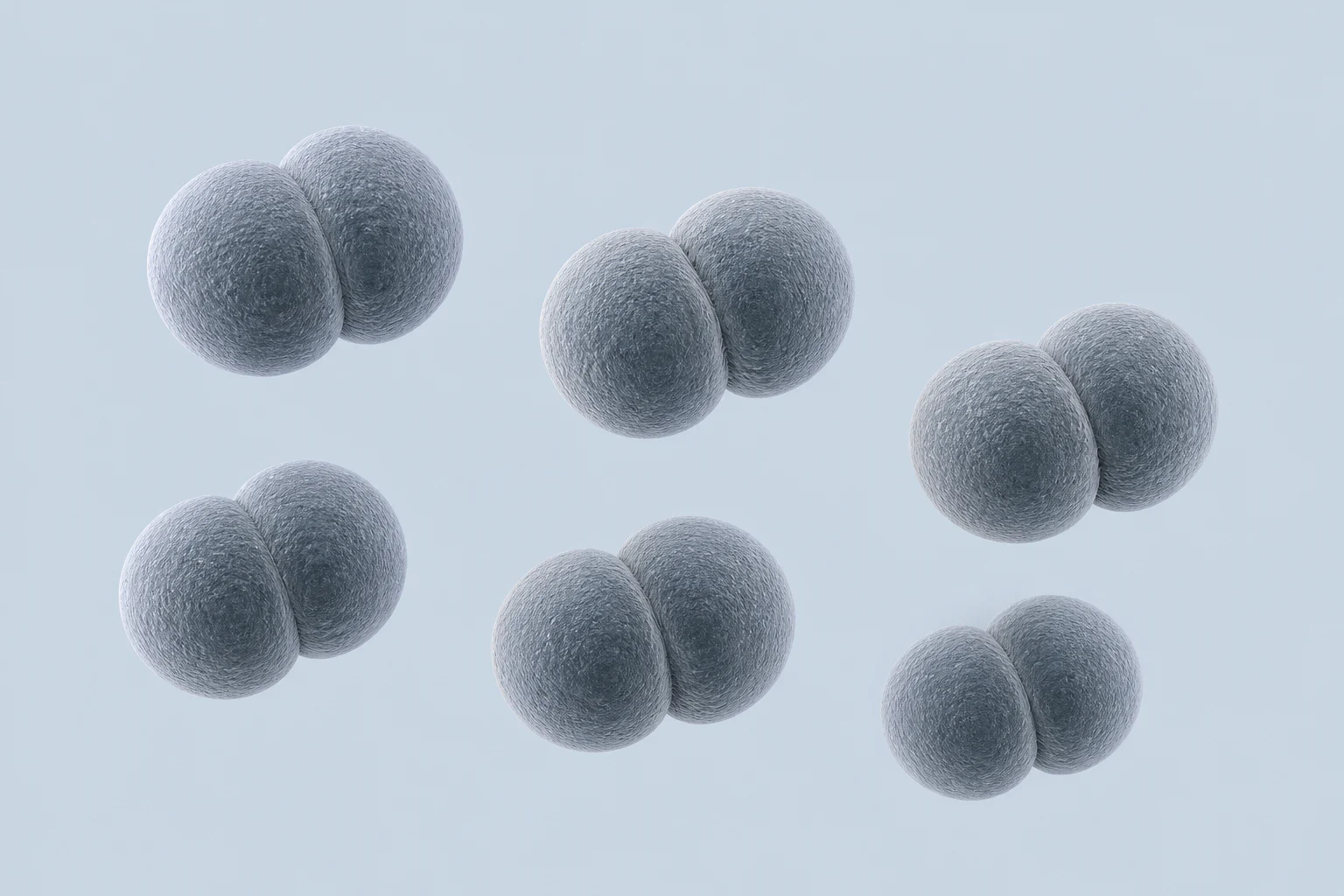 Six pairs of small spherical Acidaminococcus cells with restrained cell-envelope texture on a pale cool field.