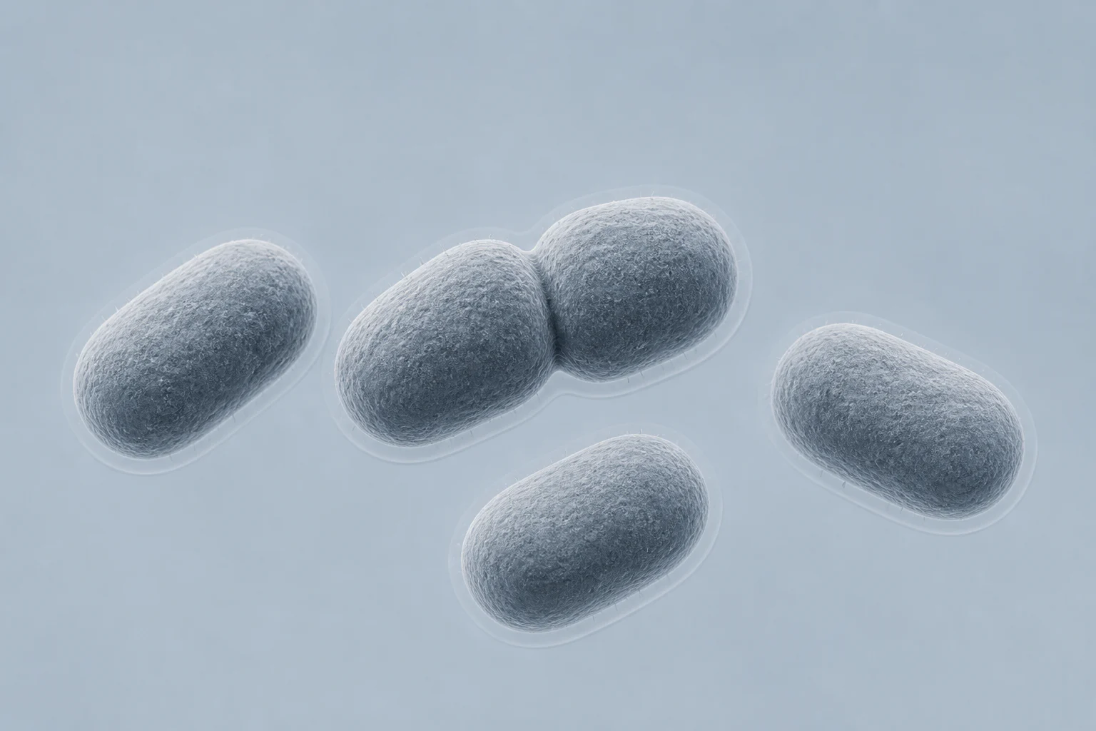 Five short plump Acinetobacter baumannii coccobacilli, including a paired form, with faint capsular halos on a pale cool field.