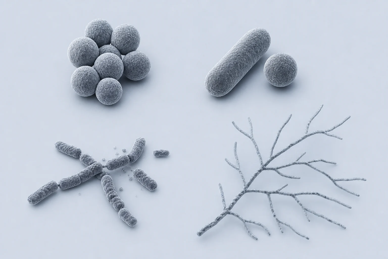 Four separated Actinomycetota groupings show coccoid, rod-coccoid, fragmenting filament, and branched bacterial forms.