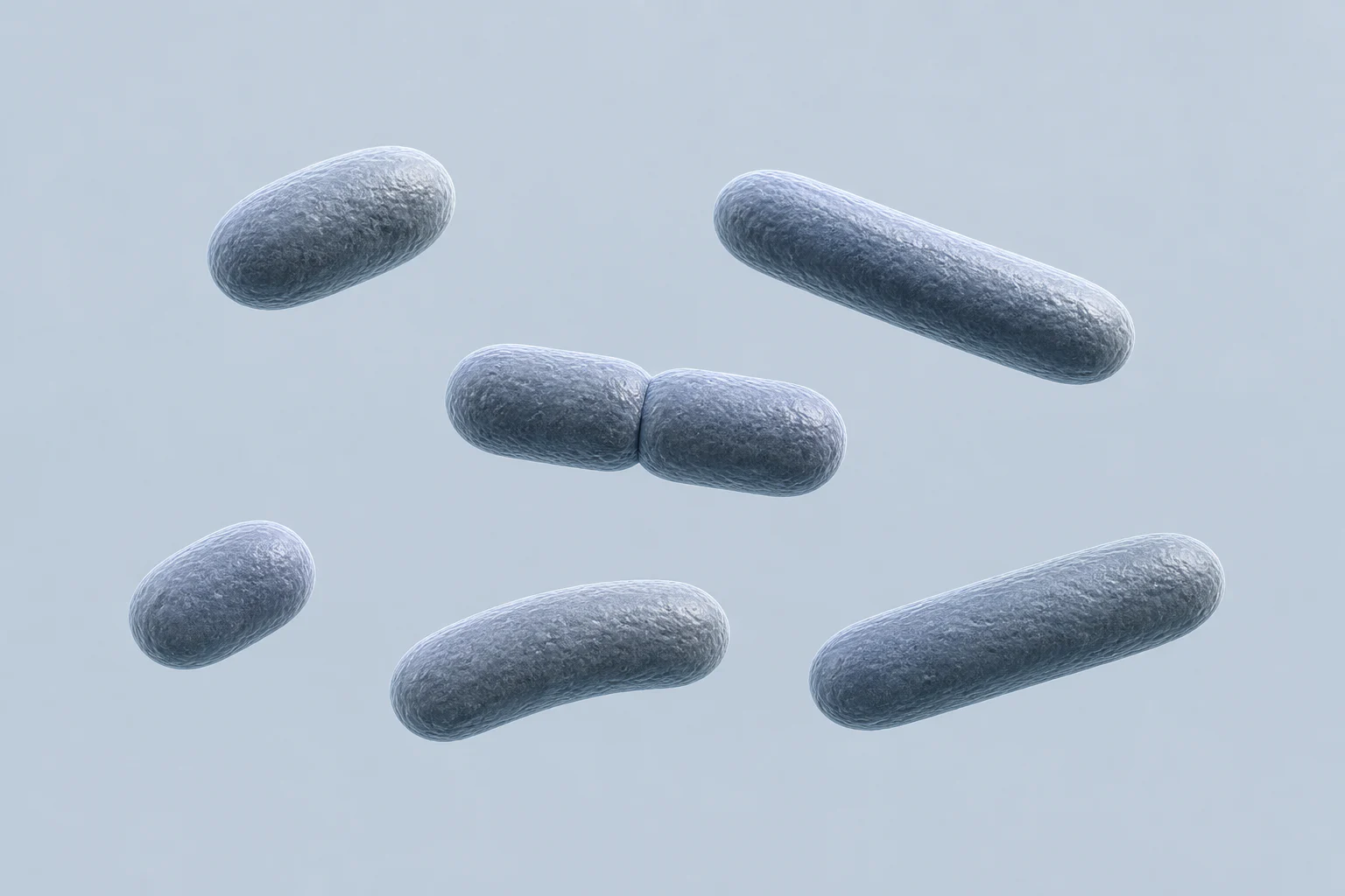 Six isolated Adlercreutzia cells ranging from short ovoid coccobacilli to rounded rods, including one paired arrangement, on a pale cool field.