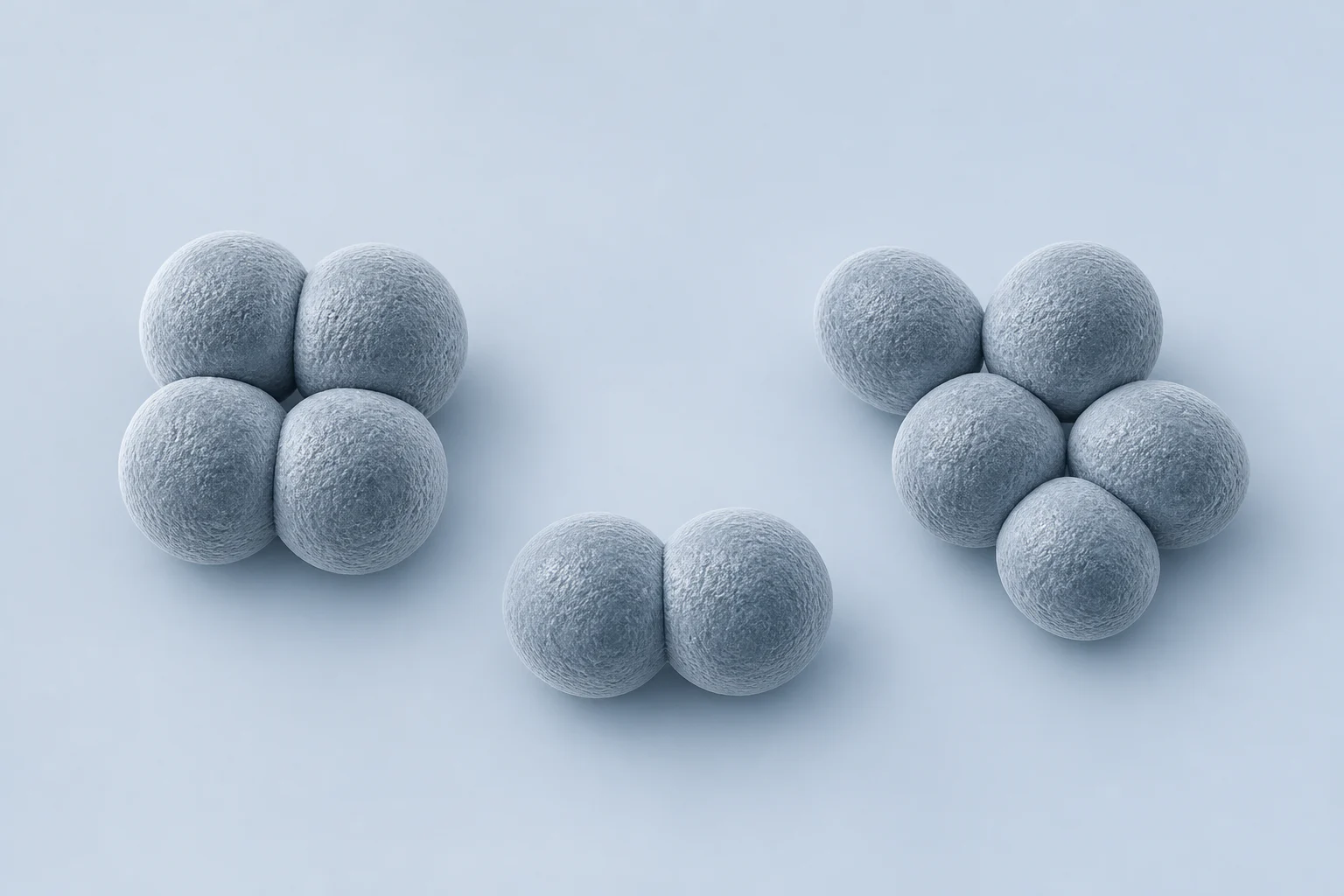 Aerococcus cocci arranged as a compact tetrad, a pair, and a small irregular cluster against a pale cool field.