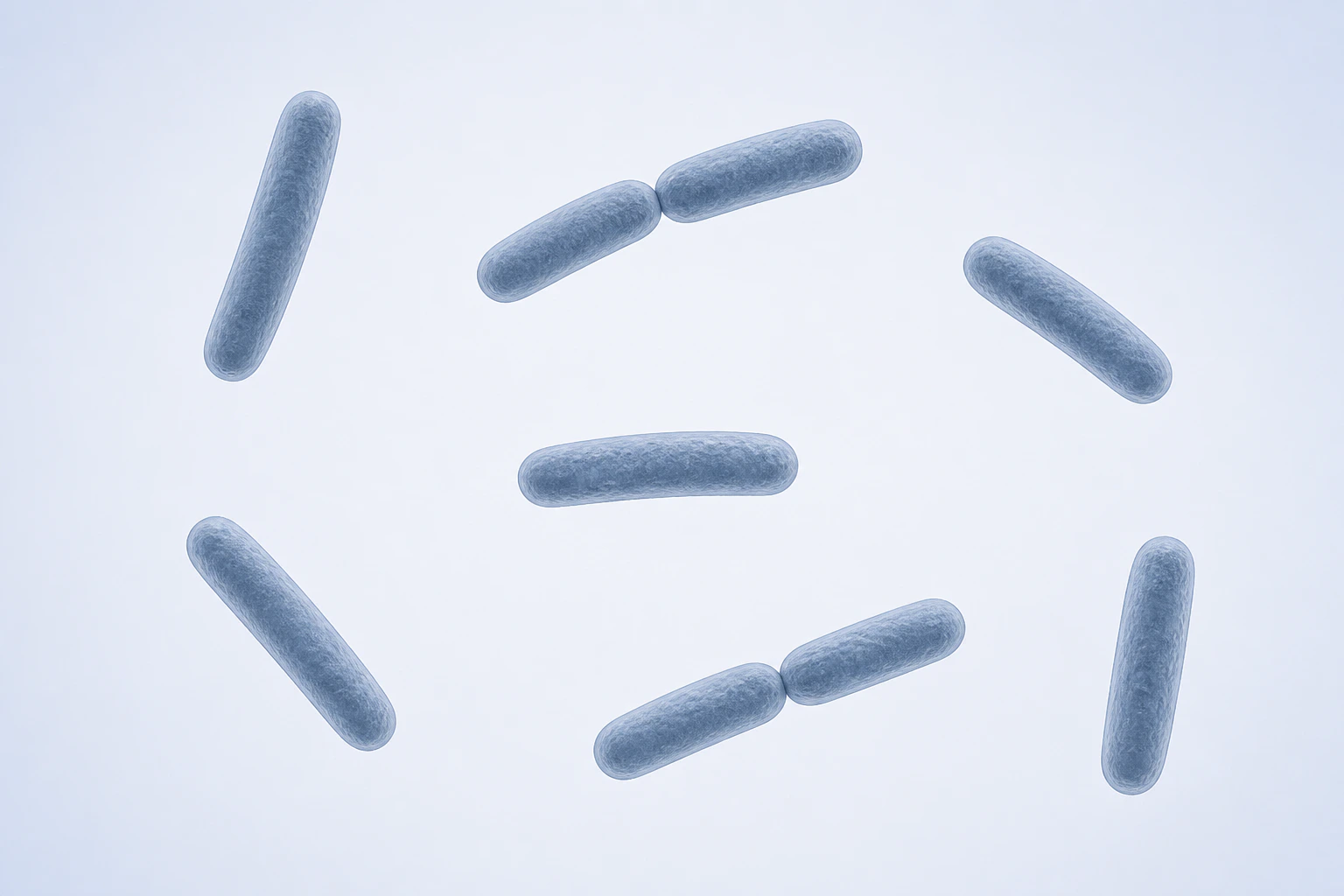 Nine Agathobacter rectalis rods appear in seven groupings: five isolated singles and two touching pairs.