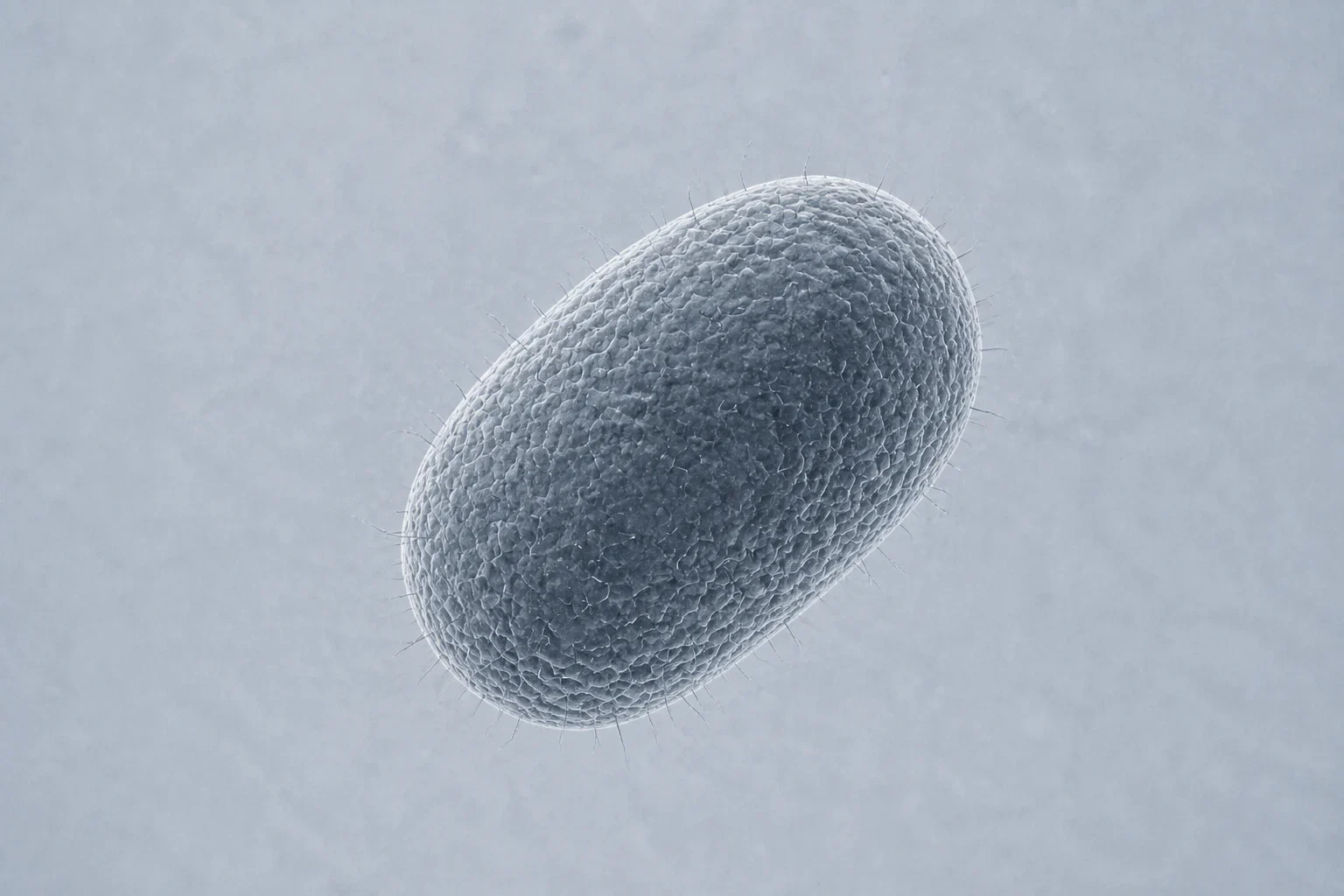 Scientific morphology reconstruction of an isolated oval Akkermansia muciniphila cell with fine surface filaments.
