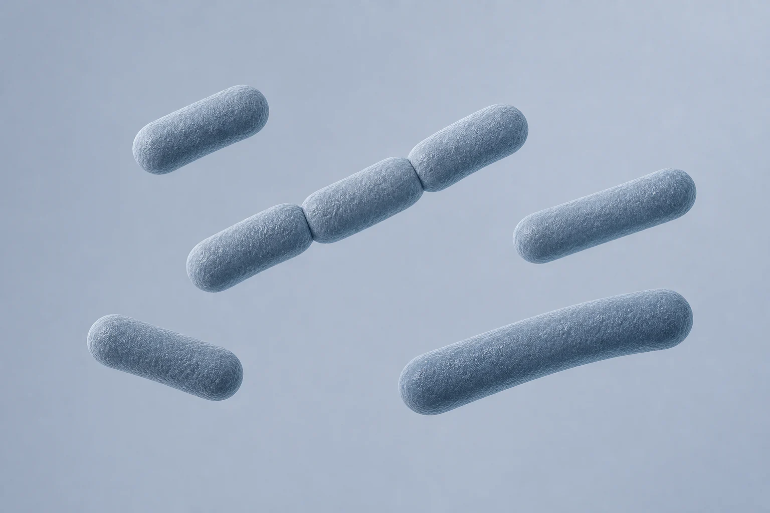 Seven Alloprevotella bacilli of varied lengths, including three joined in a short end-to-end chain and four singles, on a pale cool field.