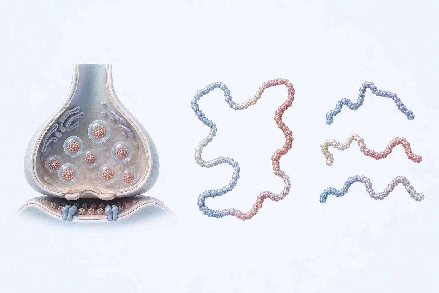 A synaptic-terminal cutaway, one long generic protein chain, and three separate short chains appear as distinct teaching groups.