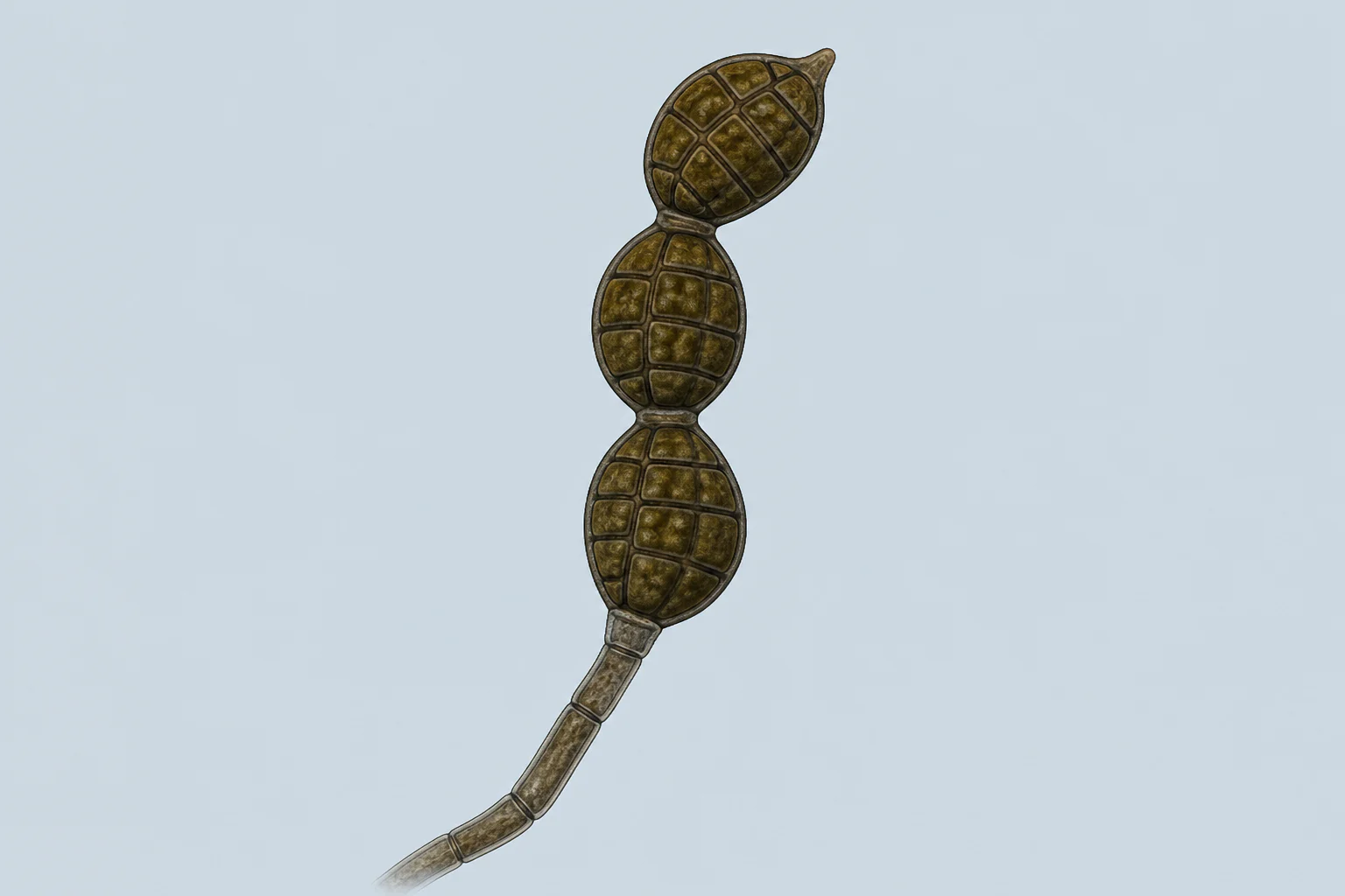 Three olive-brown Alternaria conidia in a short chain, each divided by transverse and longitudinal septa, attached to a slender septate hypha.