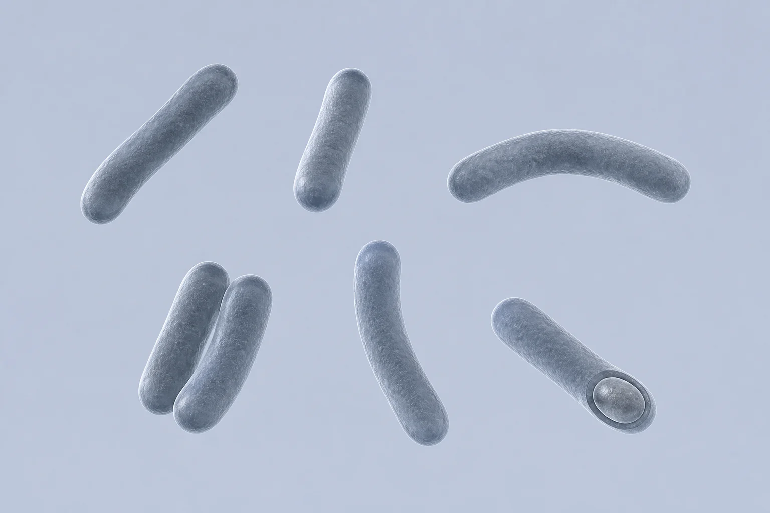 Seven thin Anaerotruncus bacilli, including a loose pair and one cell with an oval terminal endospore, on a pale cool field.