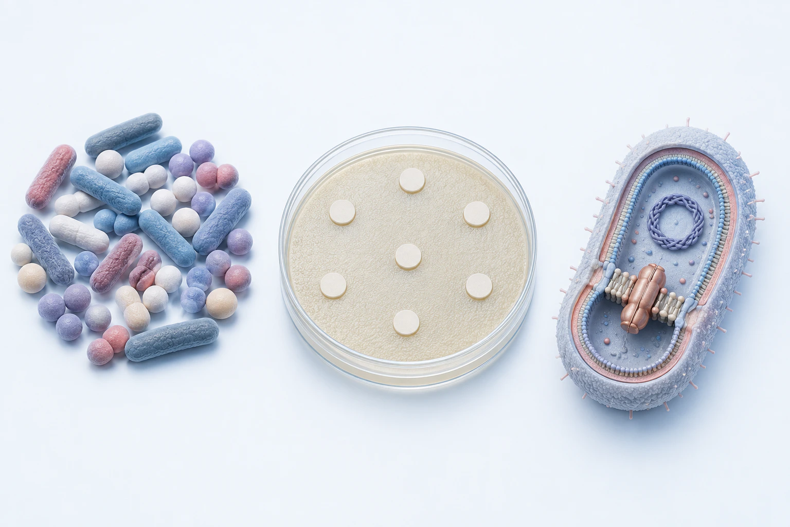 Mixed generic bacteria, a dish with six unmarked discs, and a bacterial cutaway with a closed DNA ring and membrane pump-like form appear separately.