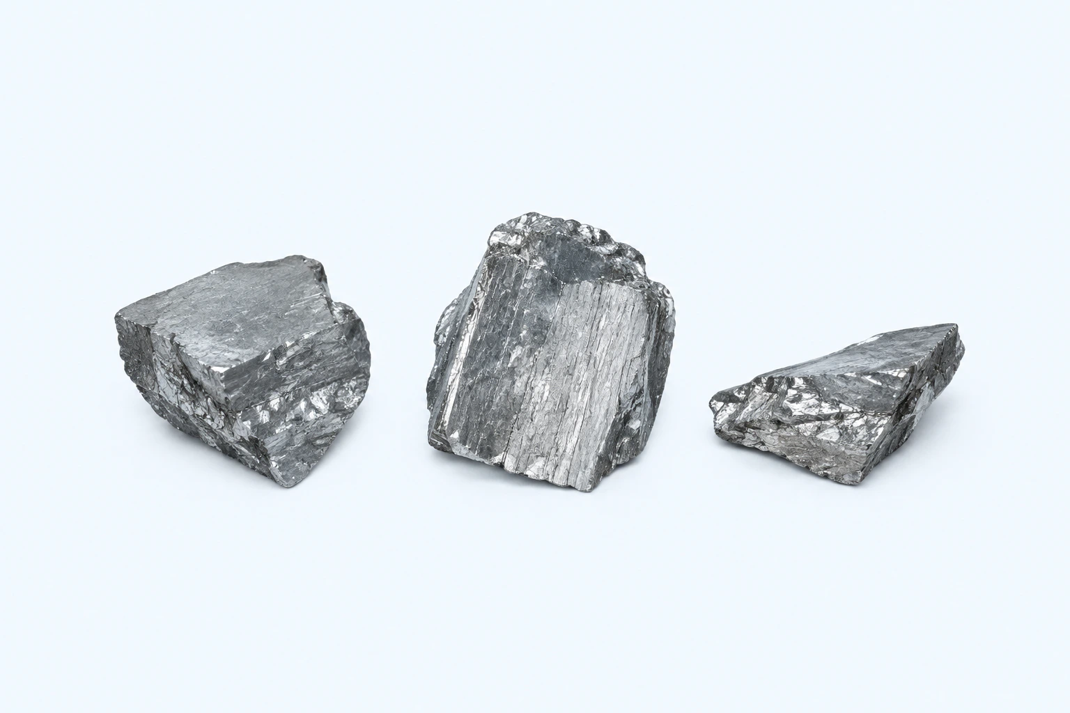 Three elemental antimony fragments with silvery-gray angular crystalline fracture faces.