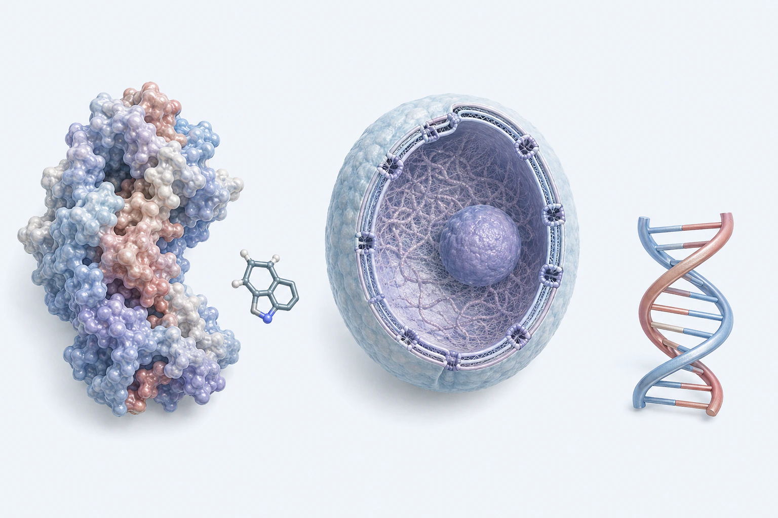 A generic receptor protein and small fused-ring token appear separately from a nucleus cutaway and a short DNA double helix.