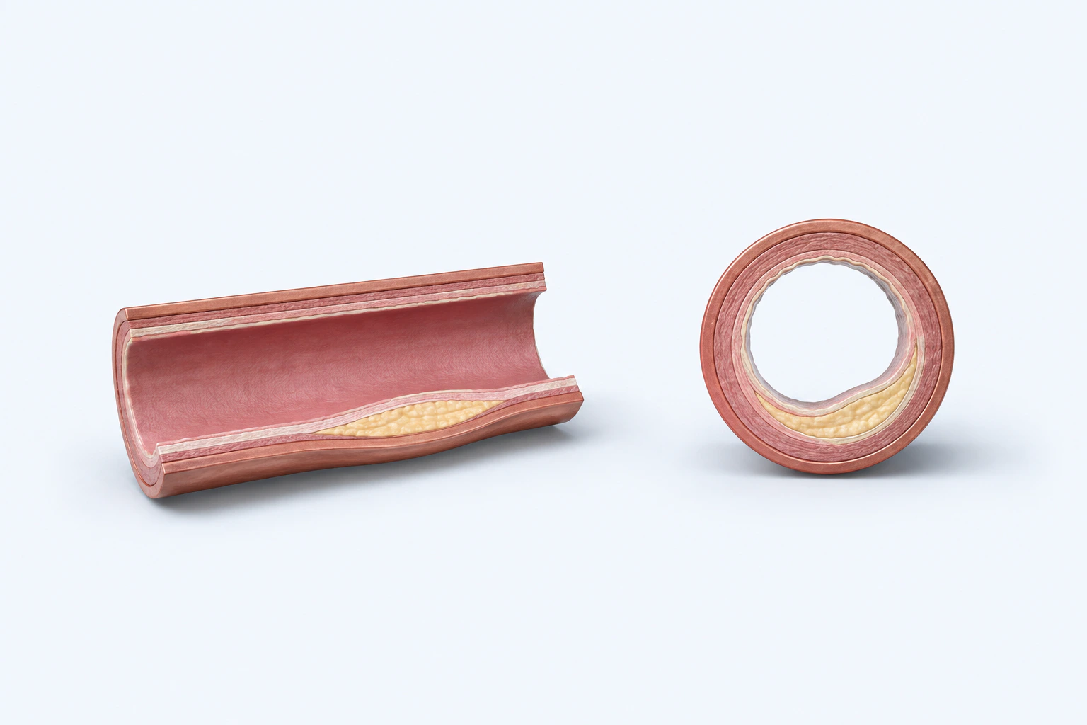 Two complete teaching models show longitudinal and circular artery cutaways with patent lumens and restrained eccentric intimal plaque.