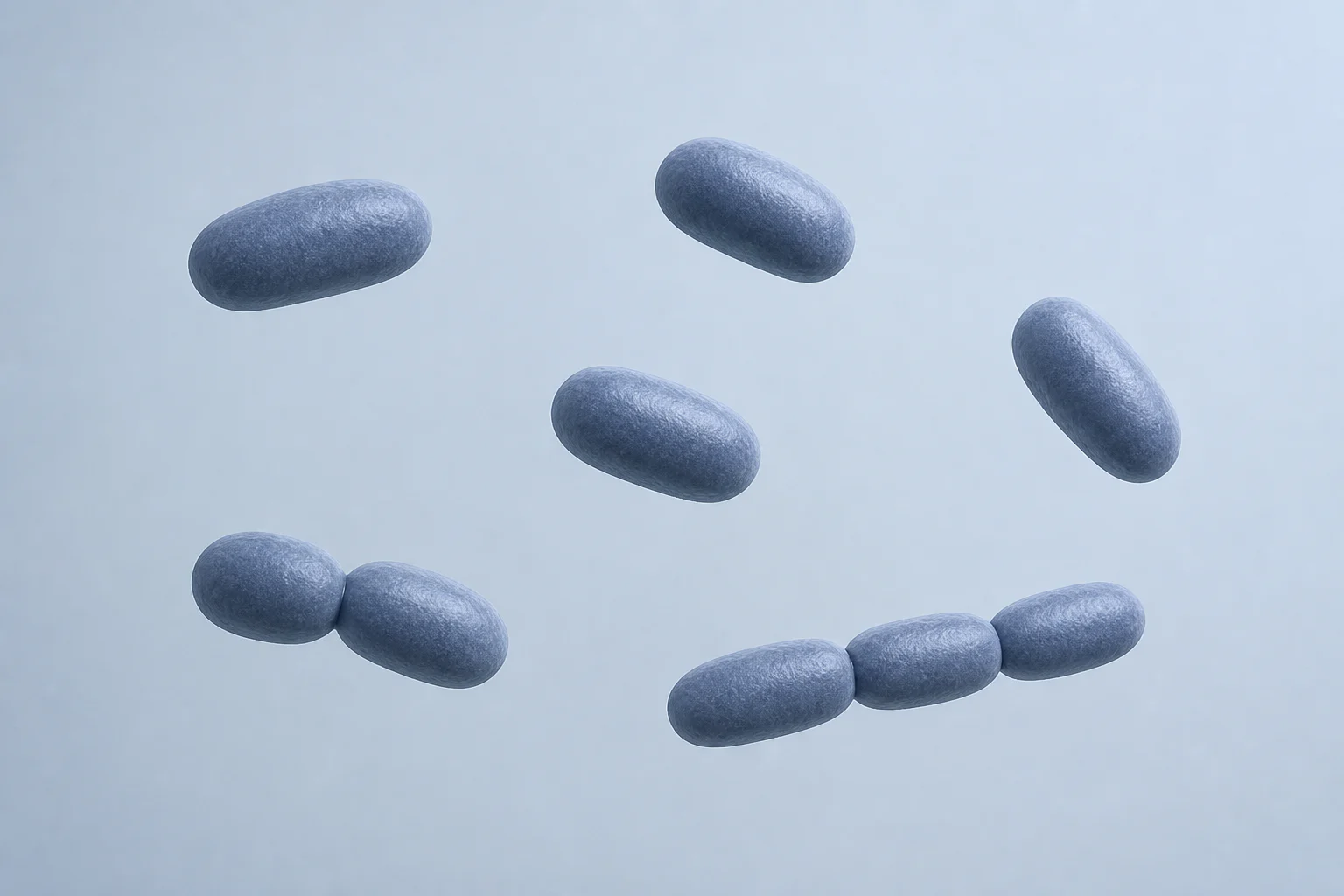 Nine small Atopobium cells ranging from elliptical forms to short rods, arranged singly, as a pair, and in a three-cell chain on a pale cool field.