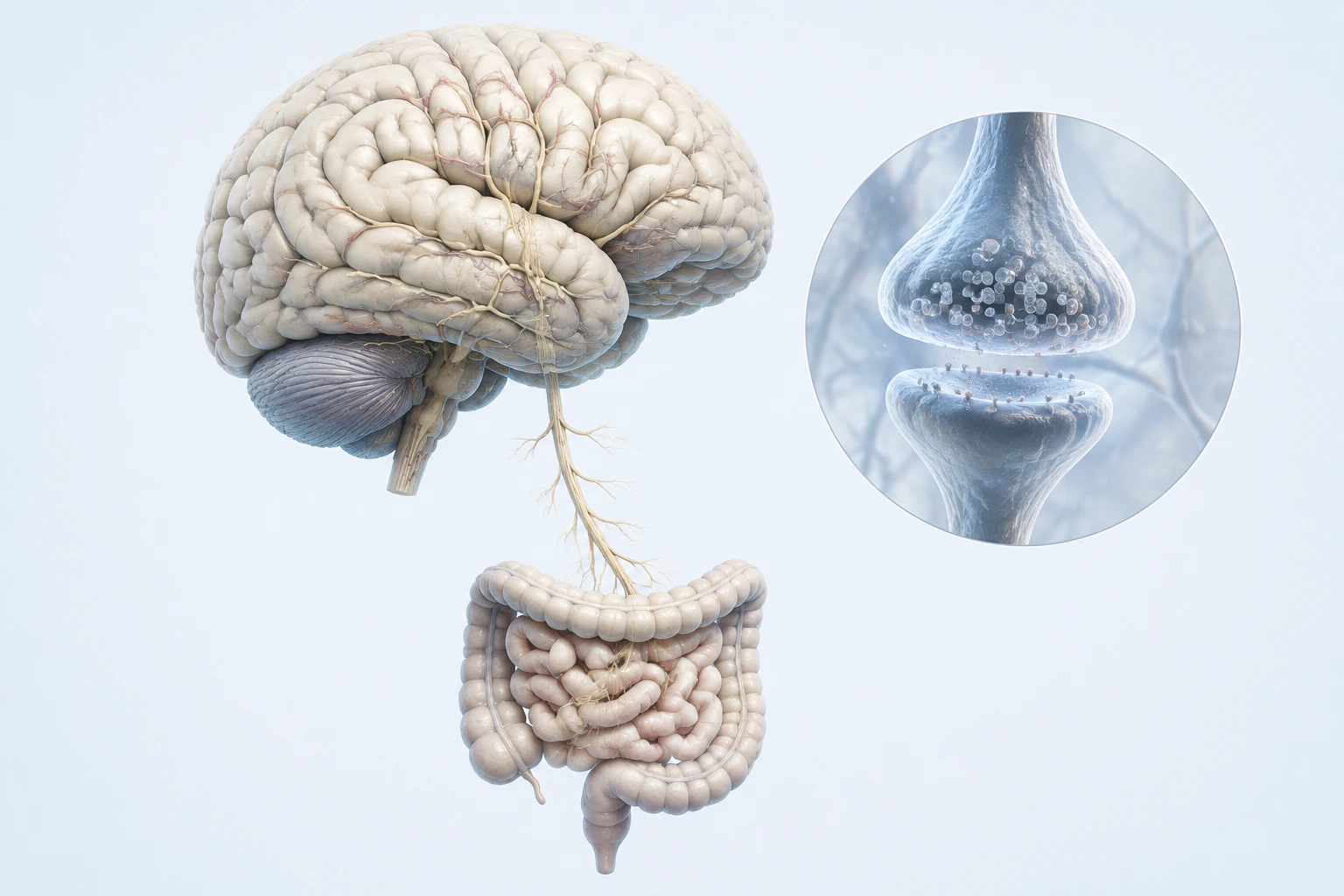 An intact human brain, a separate synaptic inset, and an intestinal tract appear as three neutral anatomical groupings.