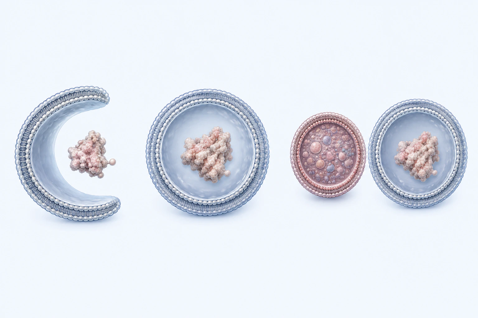 An open membrane cup, a closed double-membrane cargo vesicle, and a lysosome-like vesicle beside another closed cargo vesicle appear as three groups.