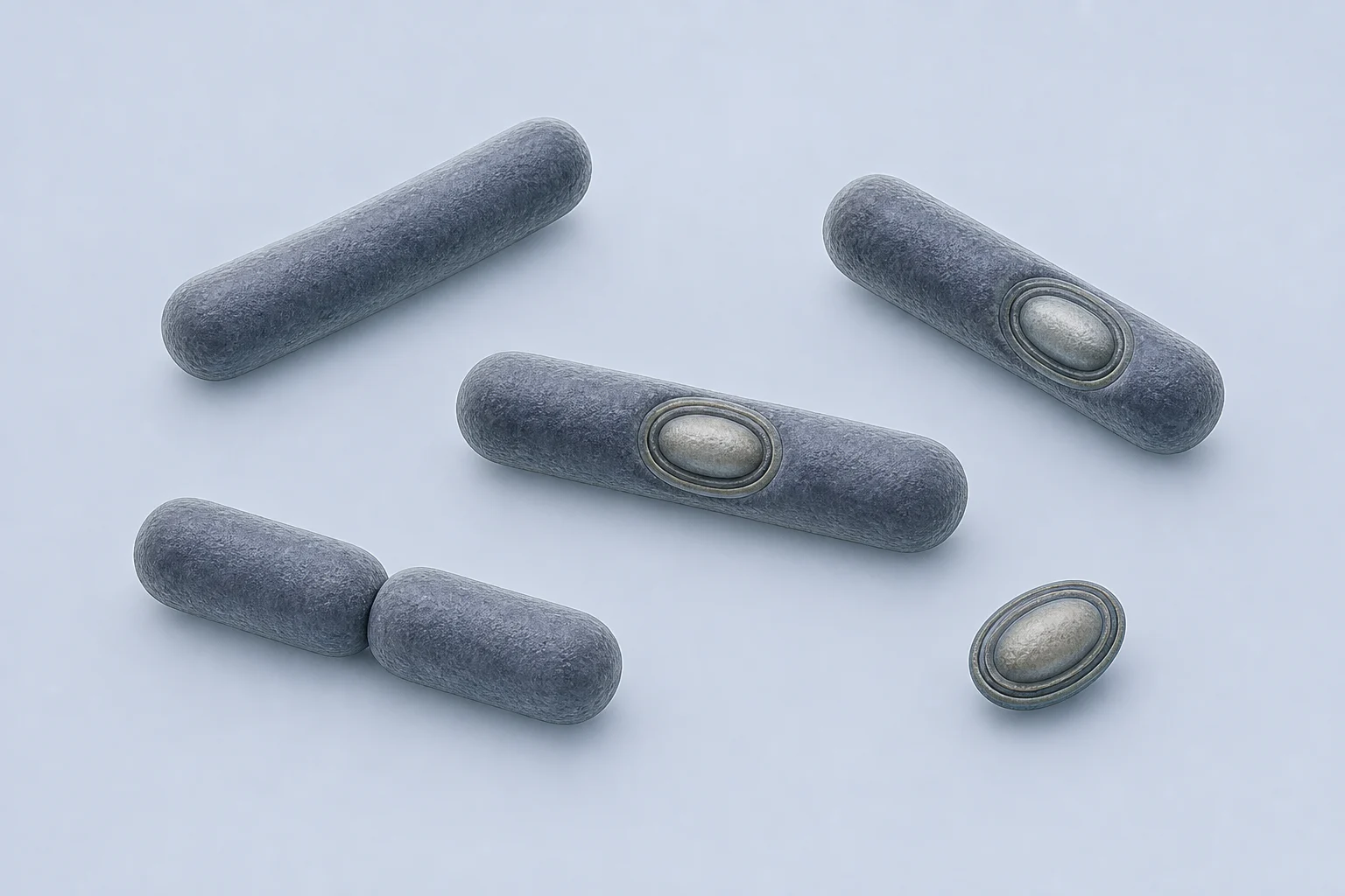 Five Bacillus rods, two containing oval endospores, beside one separate mature spore on a pale cool field.