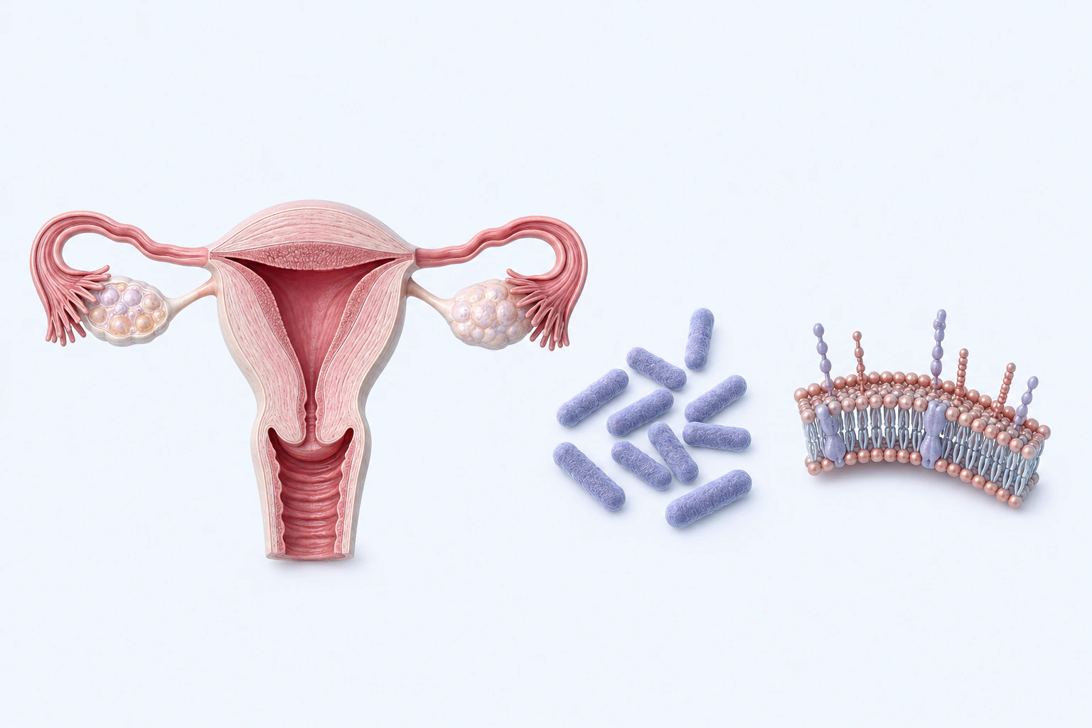 Complete uterine anatomy, eight generic rods, and a projected membrane fragment appear as three separate non-contacting teaching groups.
