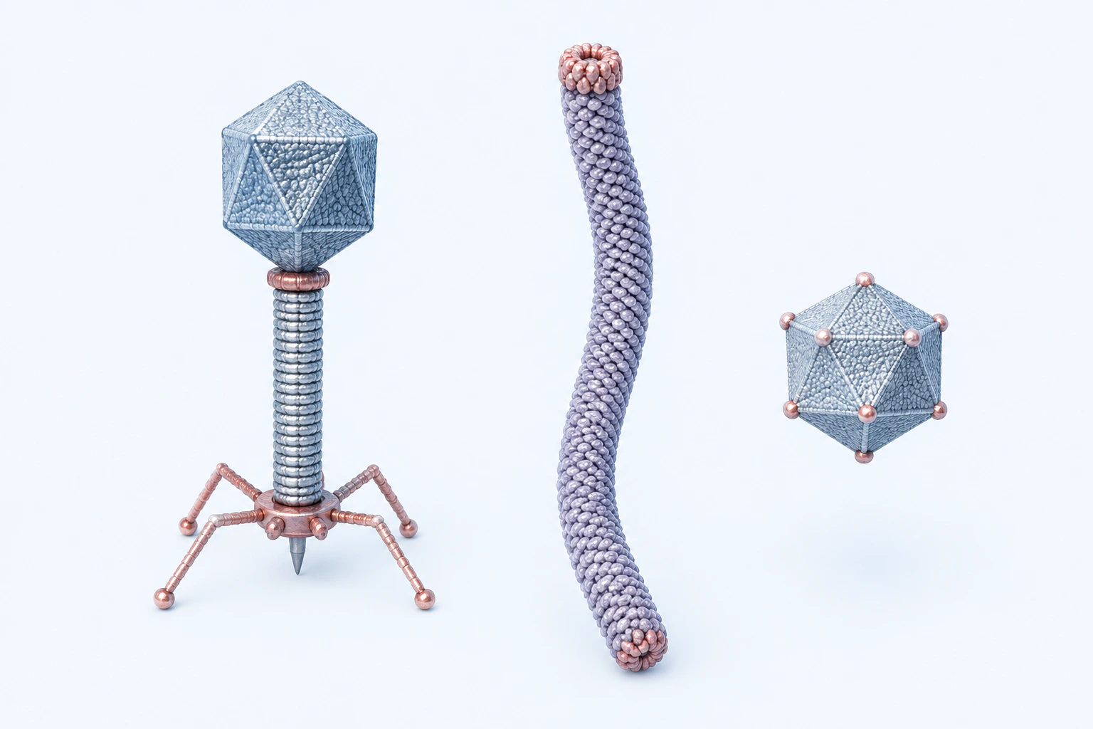 Three separated teaching models show a tailed icosahedral bacteriophage-like form, a flexible filamentous form, and a small tailless icosahedral form.