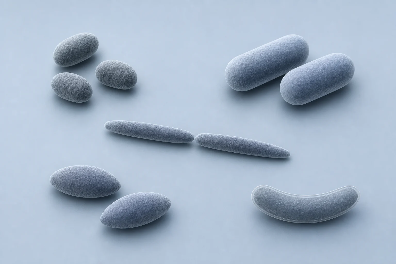 Five separated Bacteroidales morphology groupings show three coccobacilli, a pair of plump rods, two slender rods, two tapered ovoid rods, and one encapsulated curved rod.