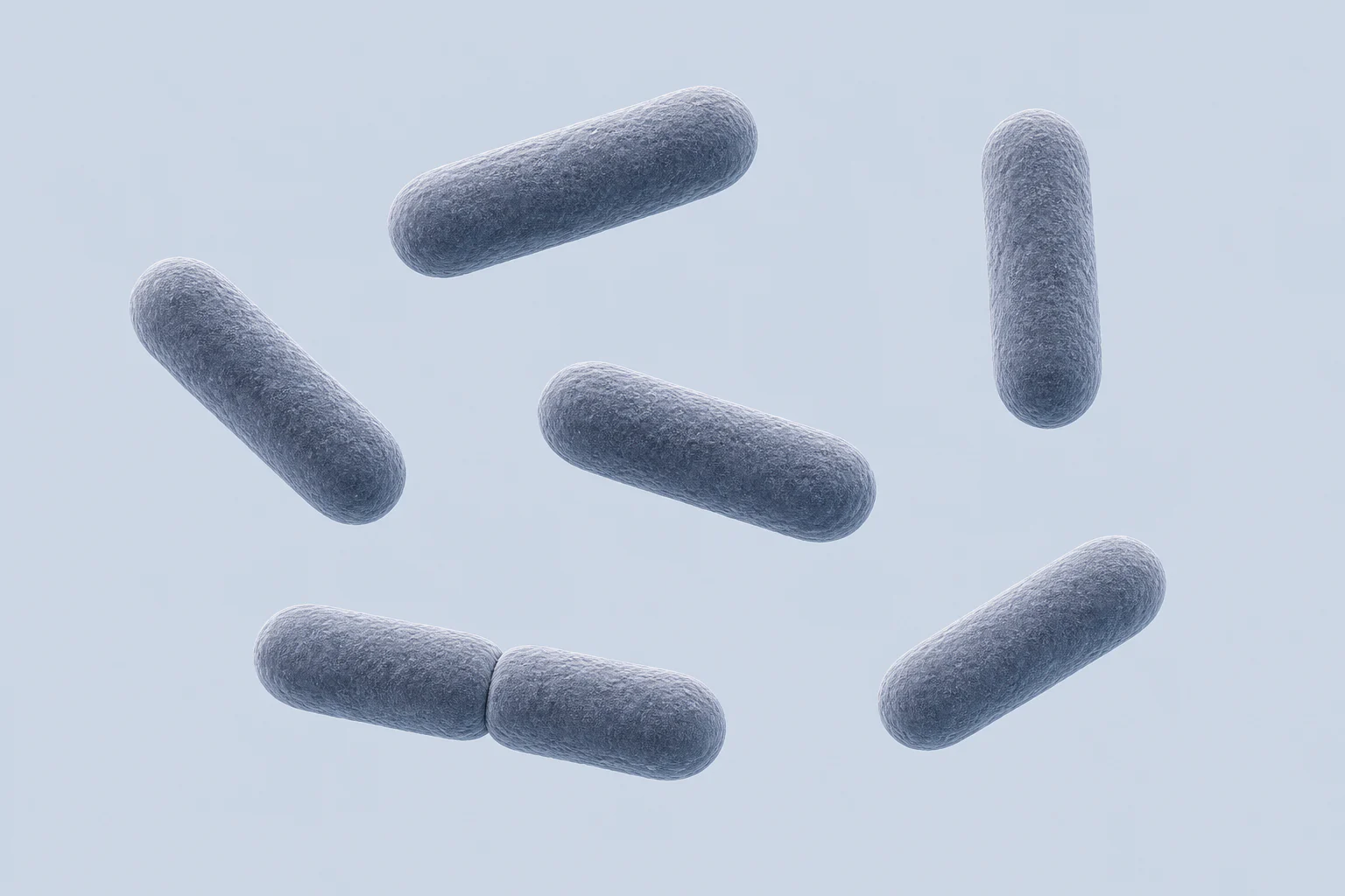 Seven Bacteroides caccae rods of varied length, shown as five singles and one two-cell pair on a pale cool field.