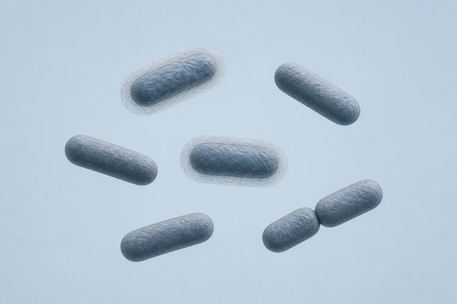 Seven Bacteroides thetaiotaomicron rods, including one pair; two have thin reticulated capsular layers.