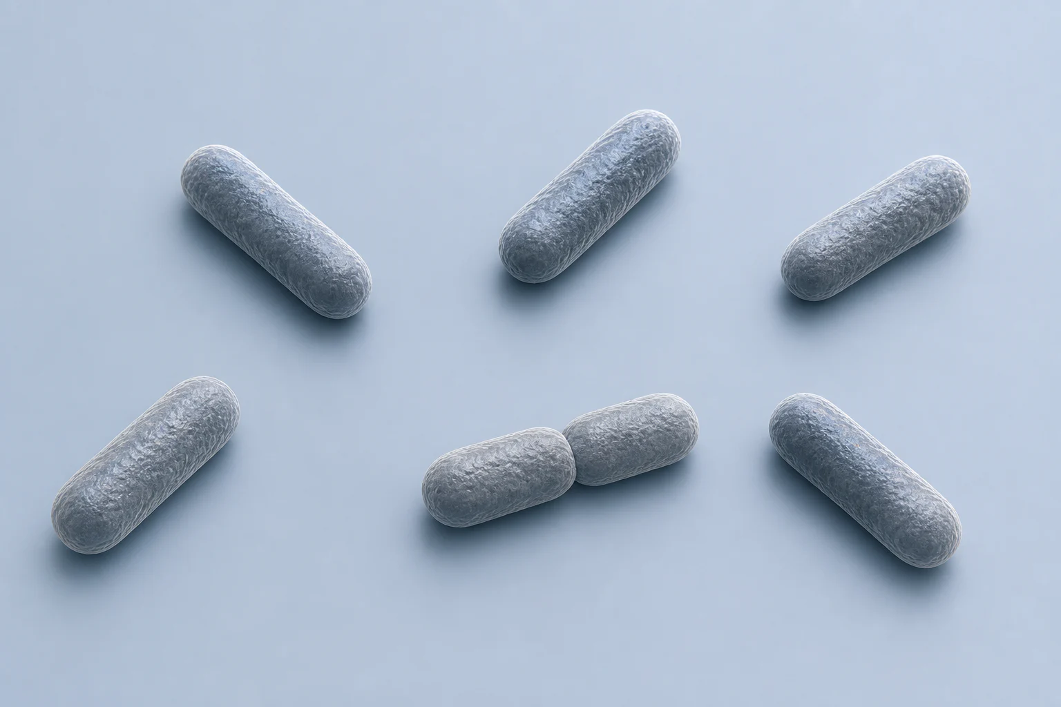 Seven Bacteroides uniformis rods with rounded ends, shown as five singles and one attached two-cell pair on a pale cool field.