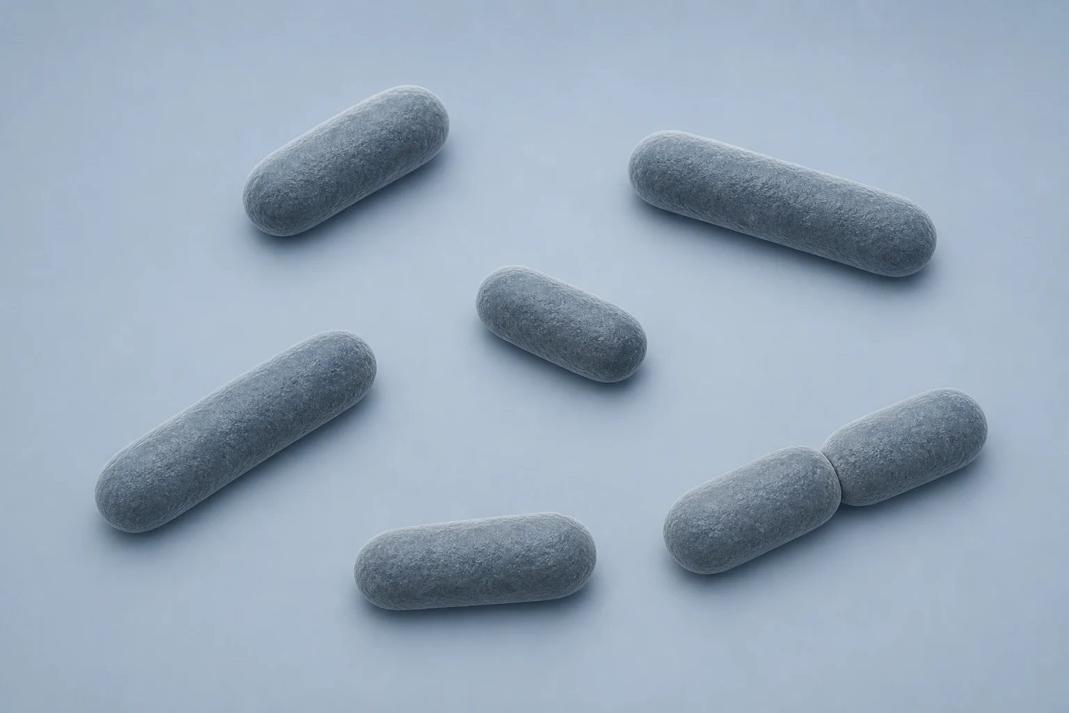 Seven Phocaeicola vulgatus rods, historically named Bacteroides vulgatus, shown as five singles and one attached pair.