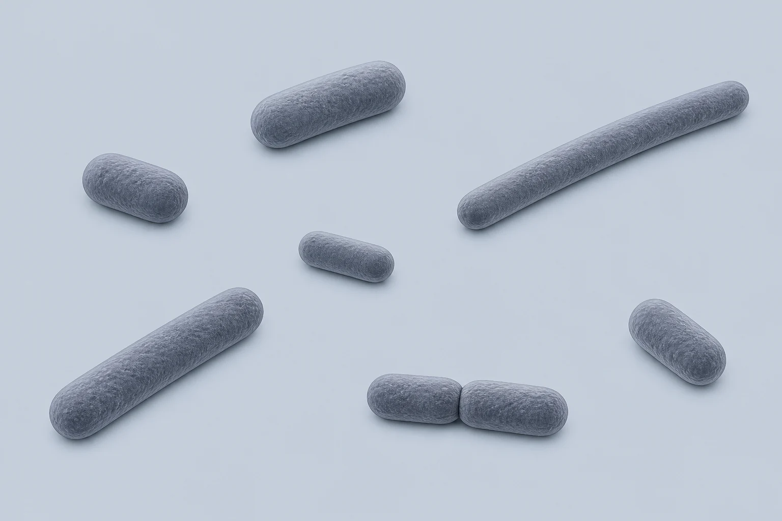 Eight Barnesiella rods ranging from short and plump to long and slender, shown as six singles and one attached pair.