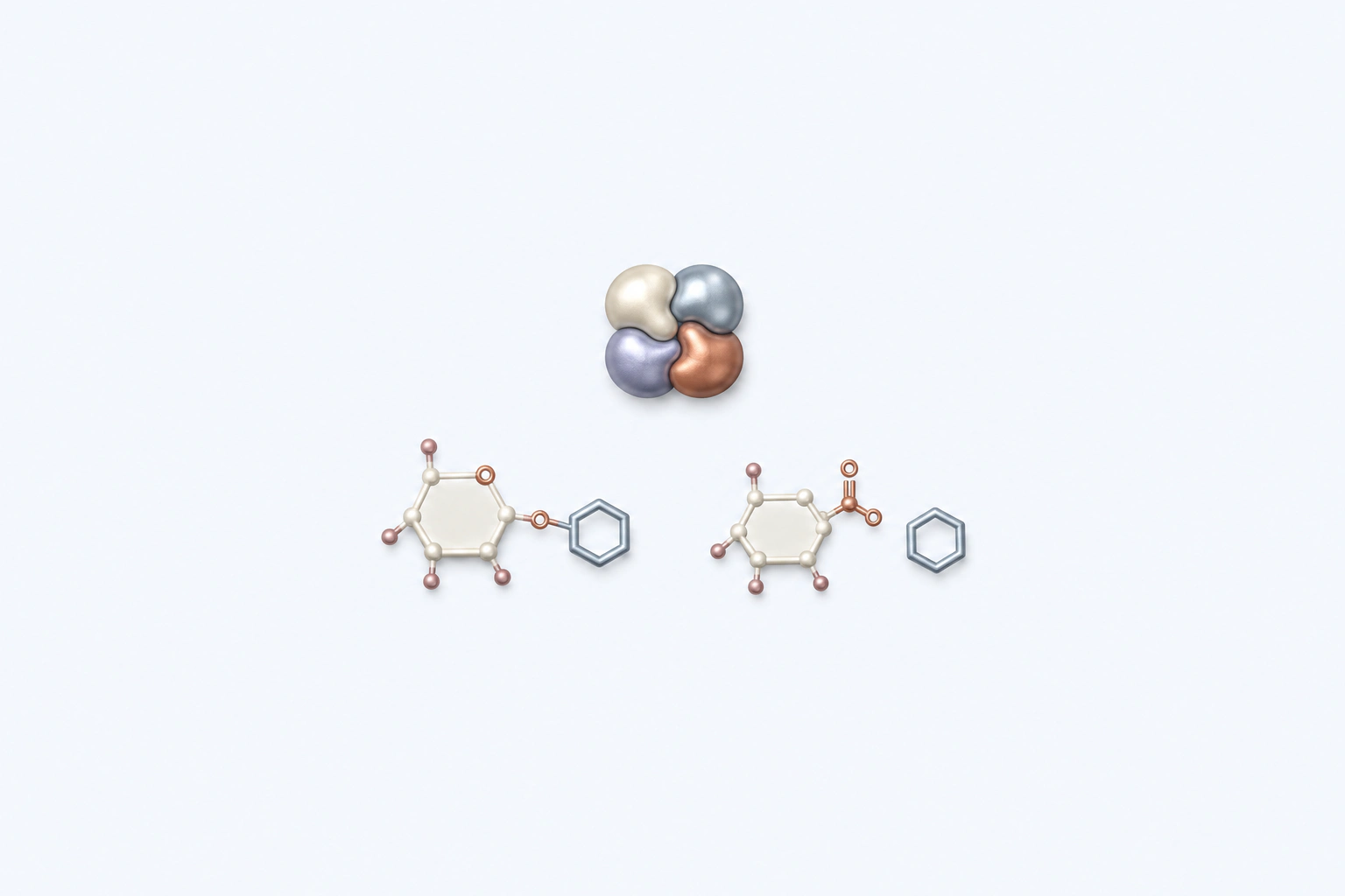 A compact generic four-lobed enzyme form is separated from one linked ring-and-aglycone context token and one separated product-context pair.