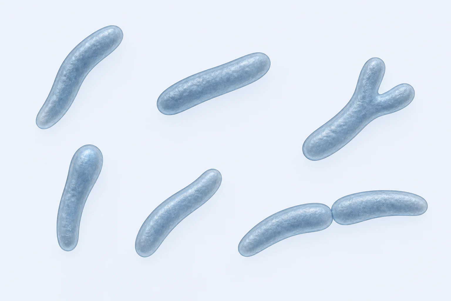 Seven Bifidobacterium bifidum bodies show five single curved, tapered, clubbed, and bifid forms plus one touching pair of curved rods.