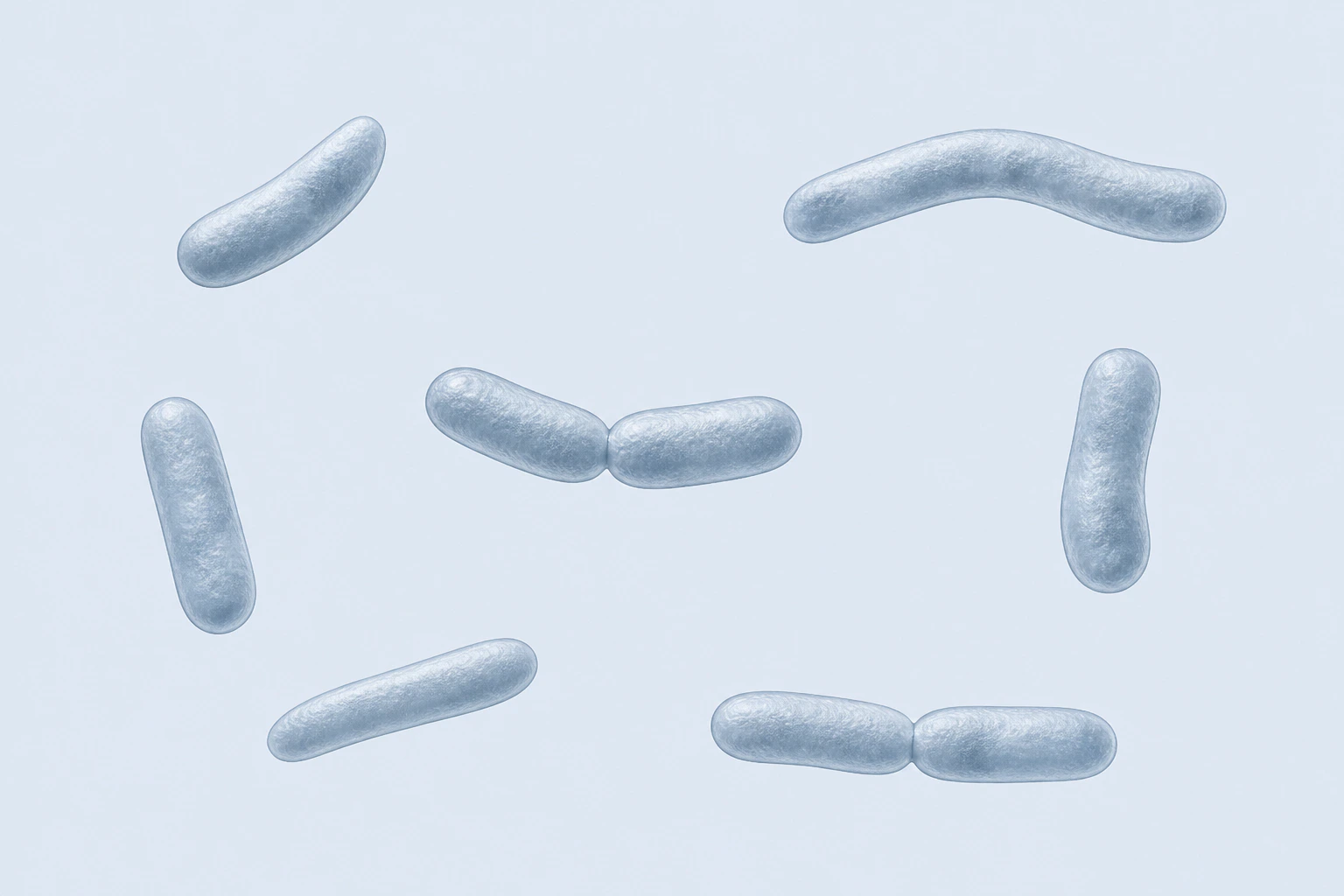 Eight Bifidobacterium longum subsp. infantis rods appear in six groupings: four singles and two touching pairs, with straight, curved, and mildly clubbed forms.