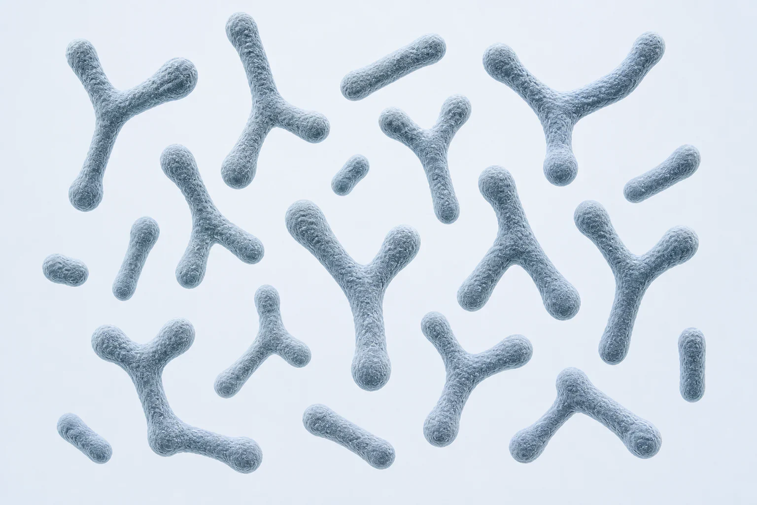 Microscopy-informed reconstruction of Bifidobacterium cells with characteristic Y-shaped and V-shaped branching rods and clubbed ends on a pale cool field.