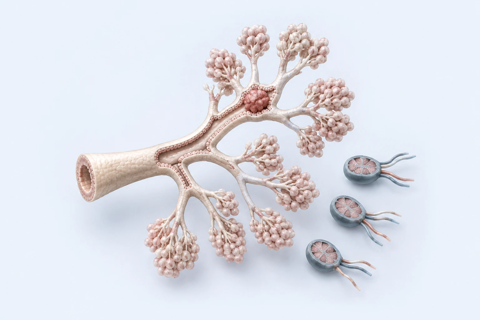 A branching mammary duct-and-lobule teaching model contains one irregular rose lesion, with three separate regional structures nearby.