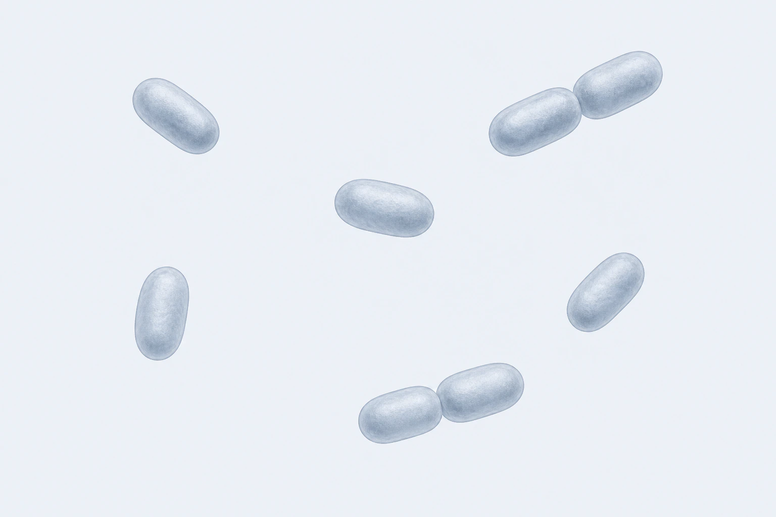 Eight plump Brucella coccobacillary bodies appear in six groupings: four singles and two touching pairs, each oval to very short and longer than wide.