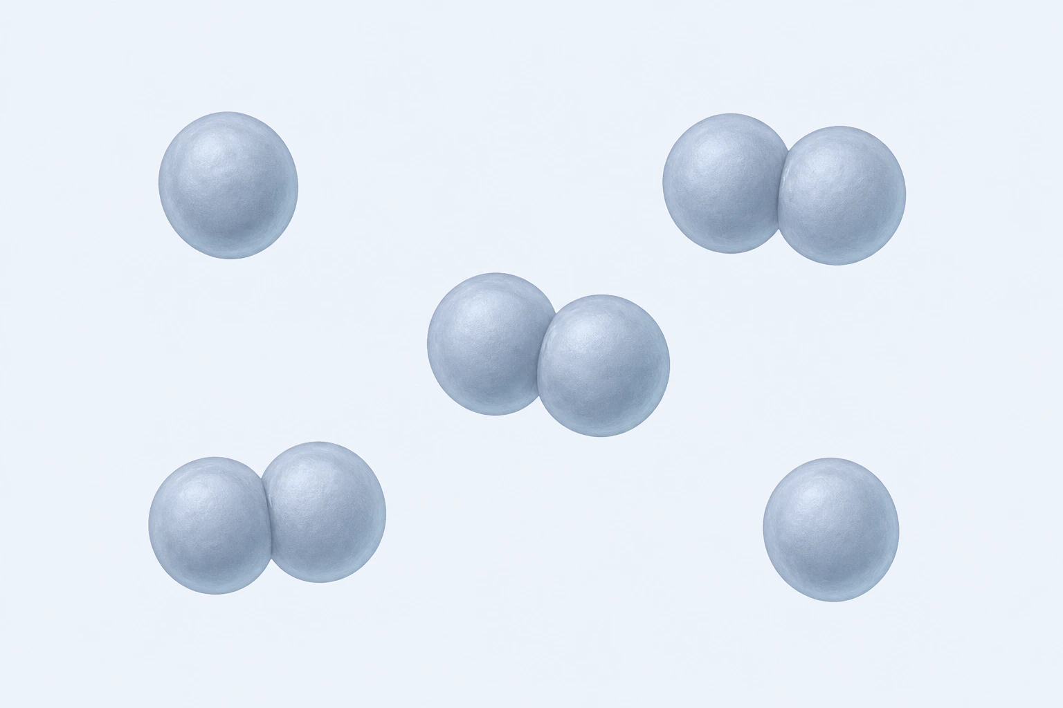 Eight near-spherical Butyricicoccus bodies appear as two isolated singles and three touching pairs on a pale cool field.