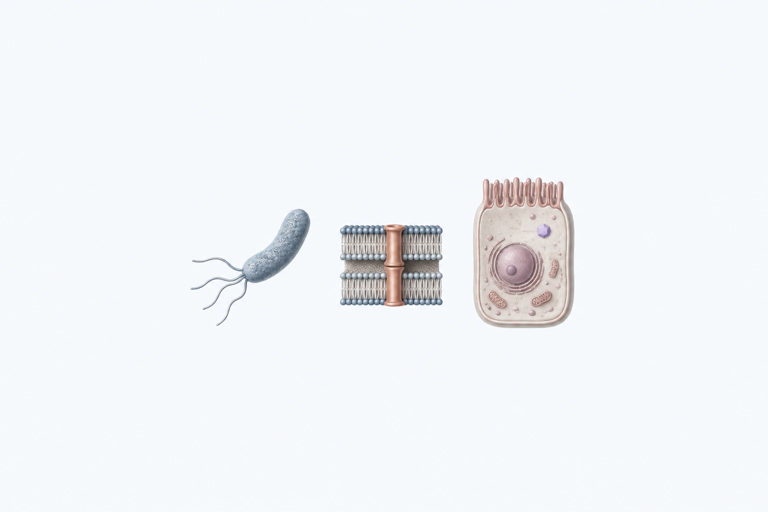 A curved Helicobacter-like bacterium is separated from a compact secretion-interface model and one gastric epithelial cell containing a generic effector token.