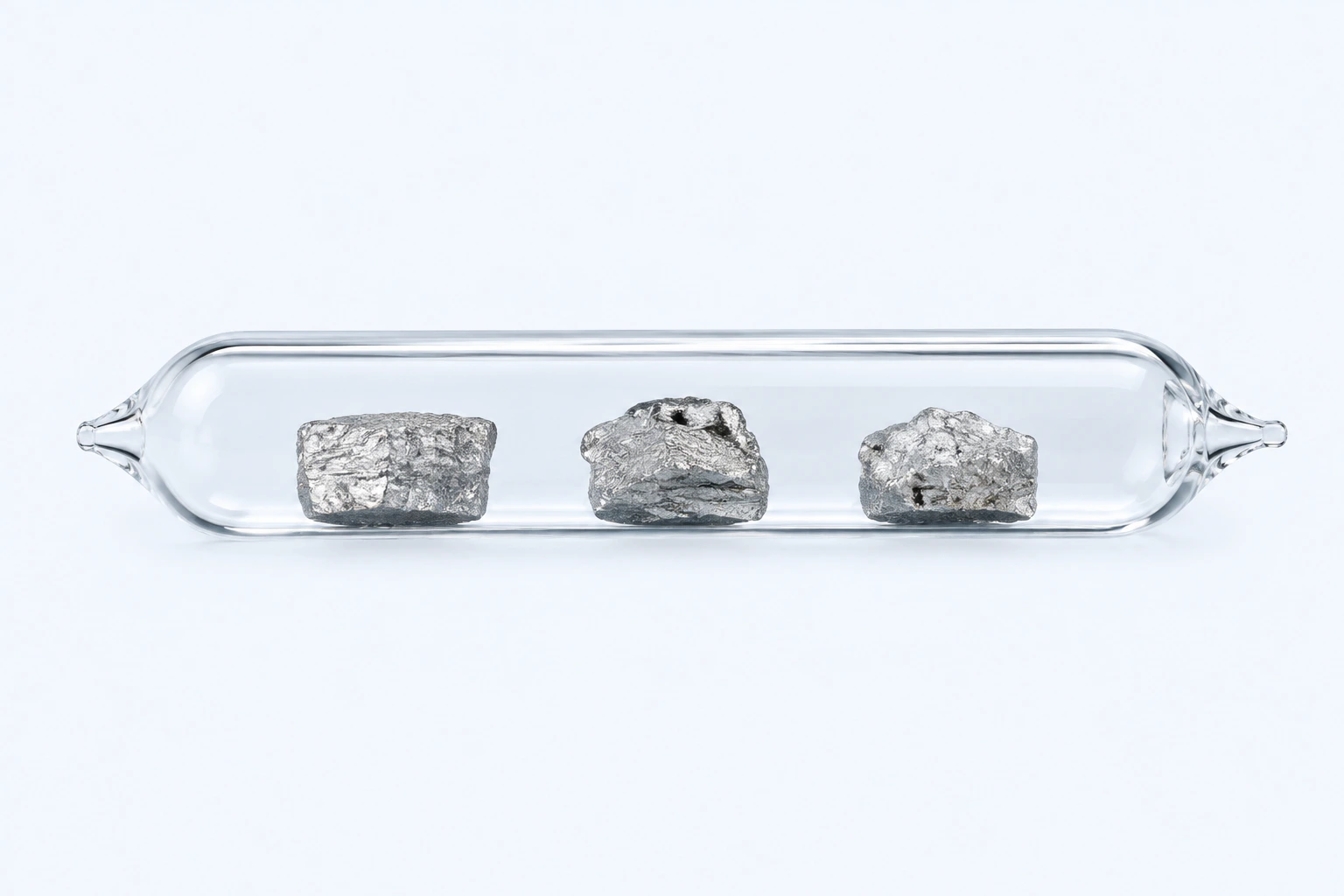 A sealed clear ampoule containing three separated silvery elemental calcium pieces.