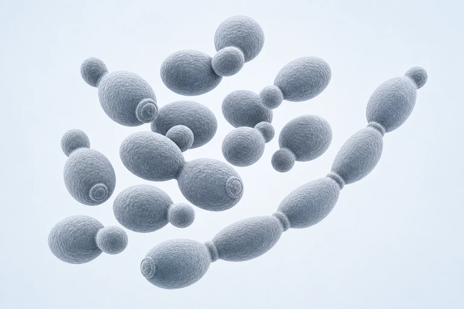 Microscopy-informed reconstruction of oval Candida albicans yeast cells with budding pairs and a short pseudohyphal chain on a pale cool field.