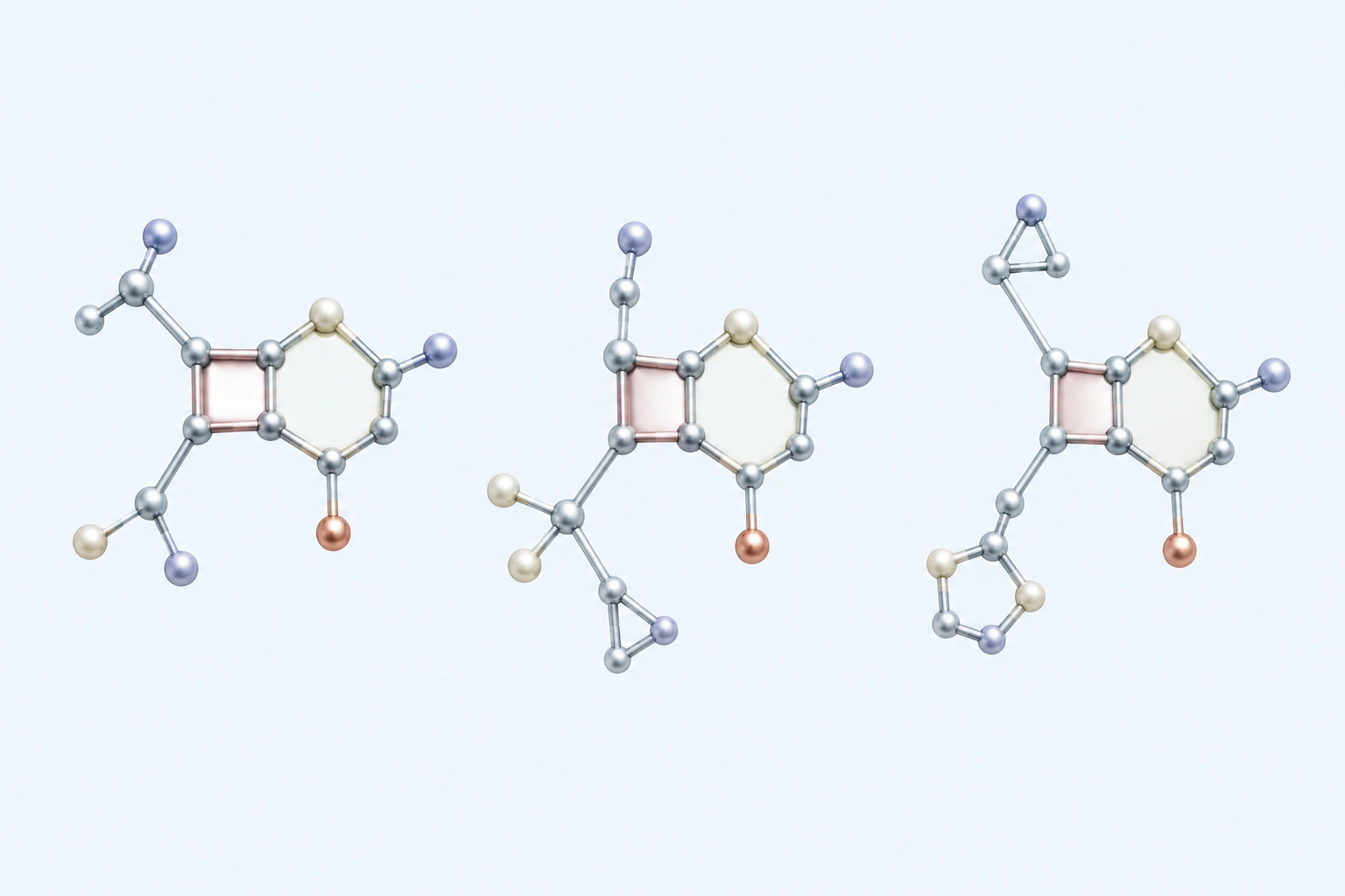 Three separated generic fused-ring teaching tokens share a family motif while differing in their unlabeled peripheral forms.