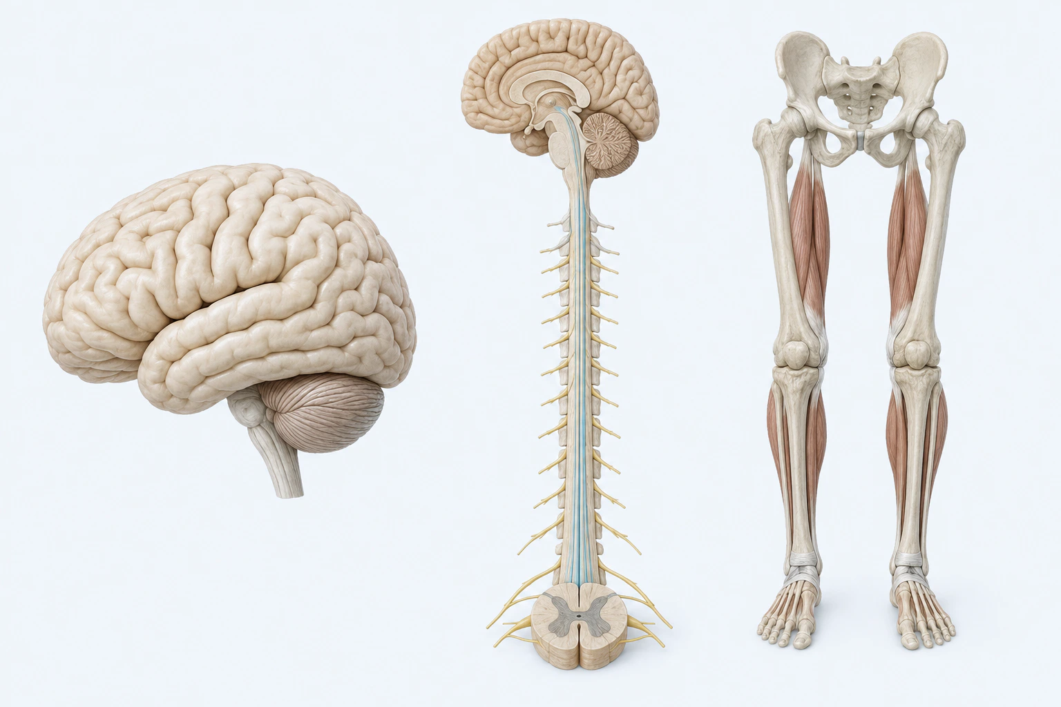 A complete brain, a separate brain-and-spinal-cord pathway model, and a neutrally aligned lower-limb musculoskeletal model form three teaching groups.