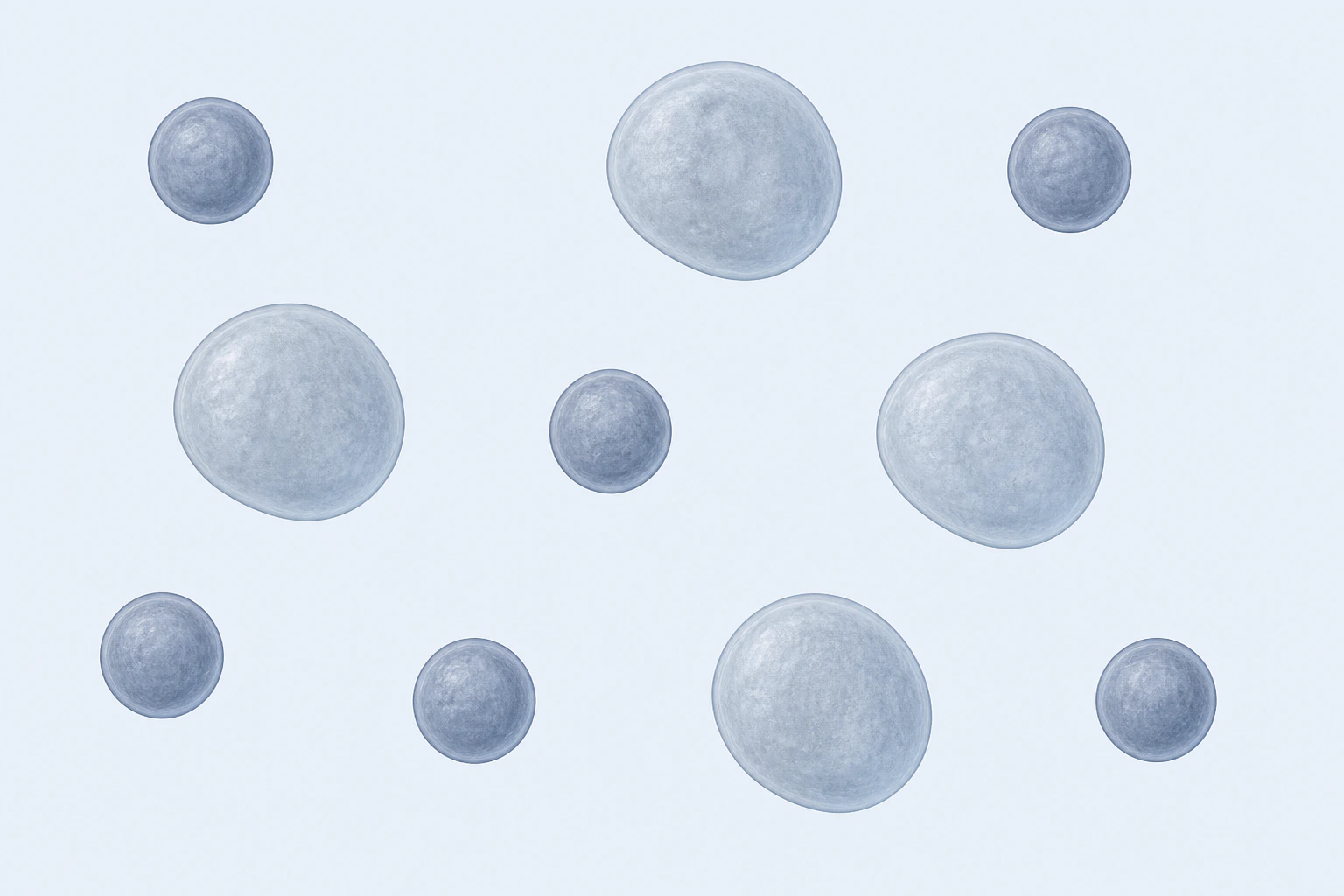 Ten isolated representative Chlamydia bodies appear in two qualitative size classes: six smaller bodies and four modestly larger bodies.
