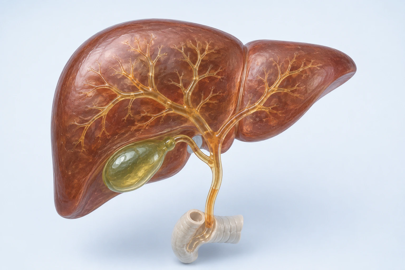 A complete liver, gallbladder, branching intrahepatic ducts, and extrahepatic bile duct contain restrained translucent amber material.