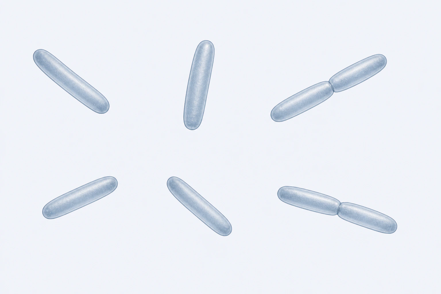Eight selected Christensenellaceae rod bodies appear in six groupings: four isolated singles and two touching pairs.