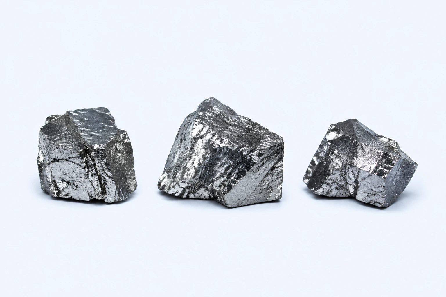 Three elemental chromium specimens with steel-gray angular surfaces and bright fracture faces.