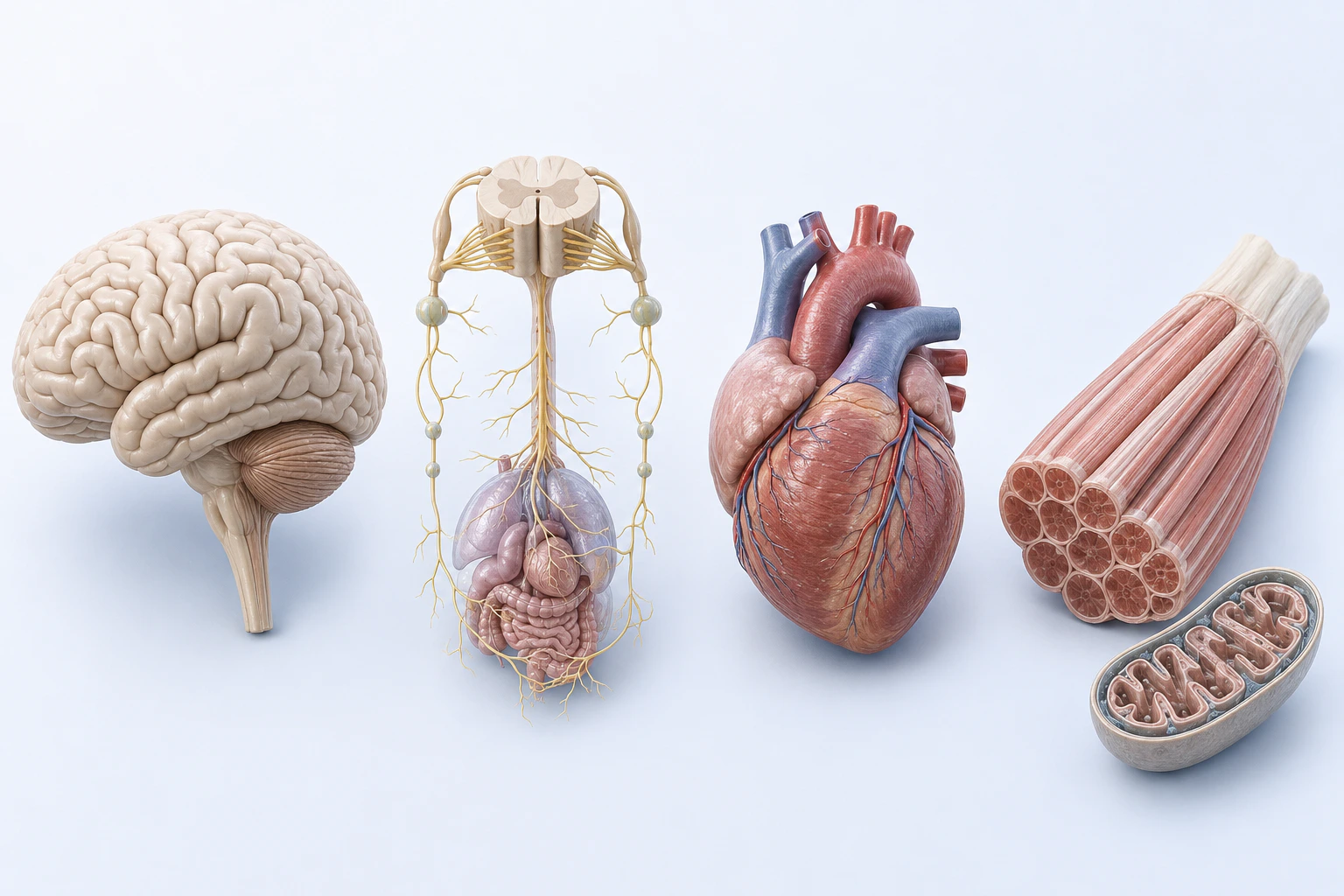 Five neutral teaching groups show a brain, autonomic and visceral anatomy, a heart, a skeletal-muscle bundle, and a mitochondrion.