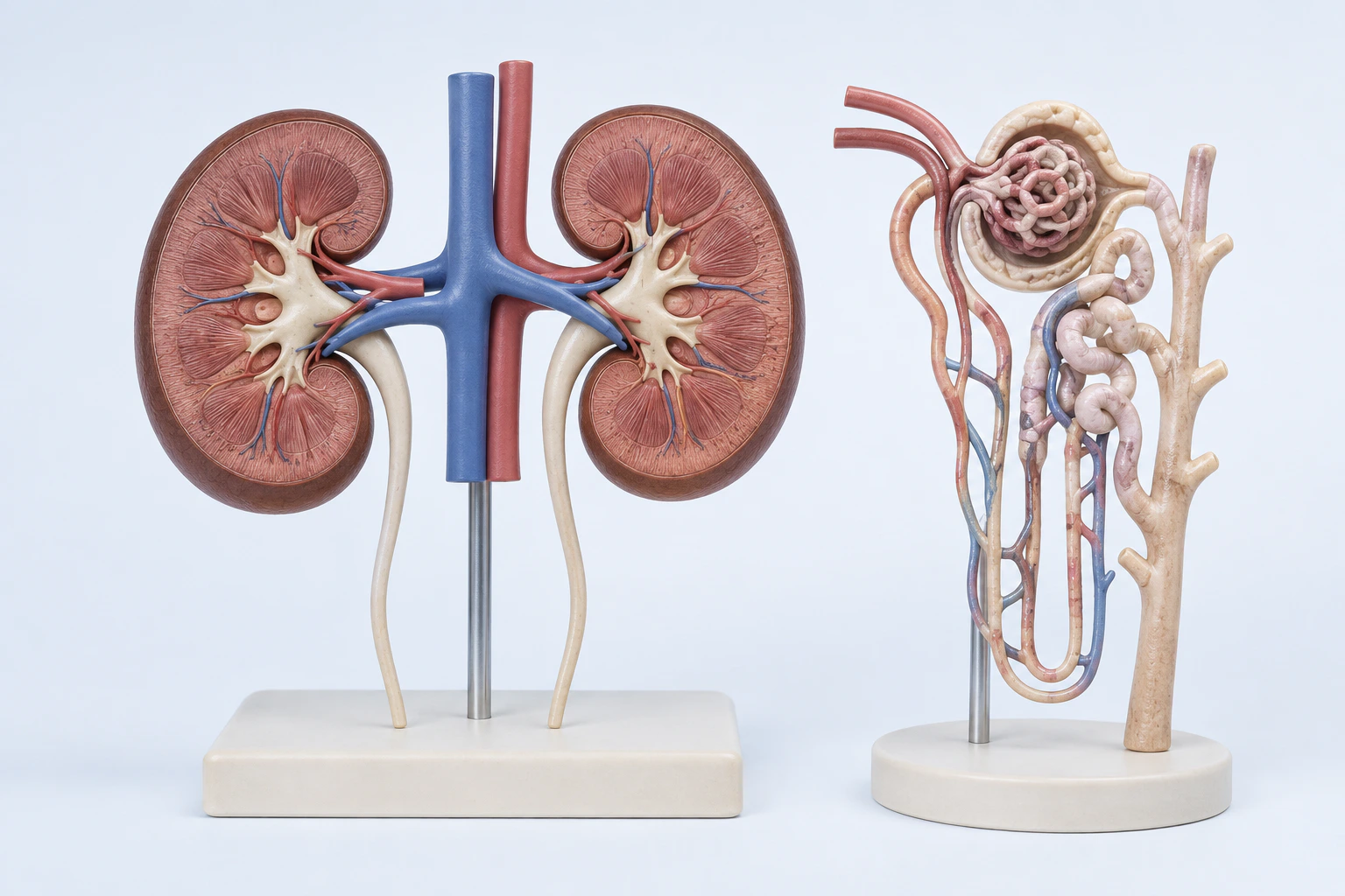 Two bisected kidney teaching models with ureters appear beside a separate enlarged nephron and glomerulus model.