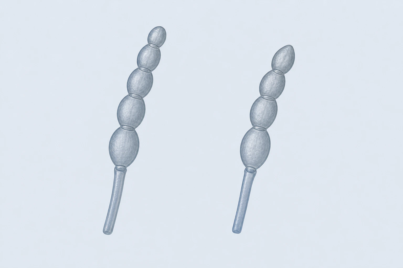 Two selected Cladosporium conidiophore groupings each show one short stalk and five attached conidia, for two stalks and ten conidial bodies total.