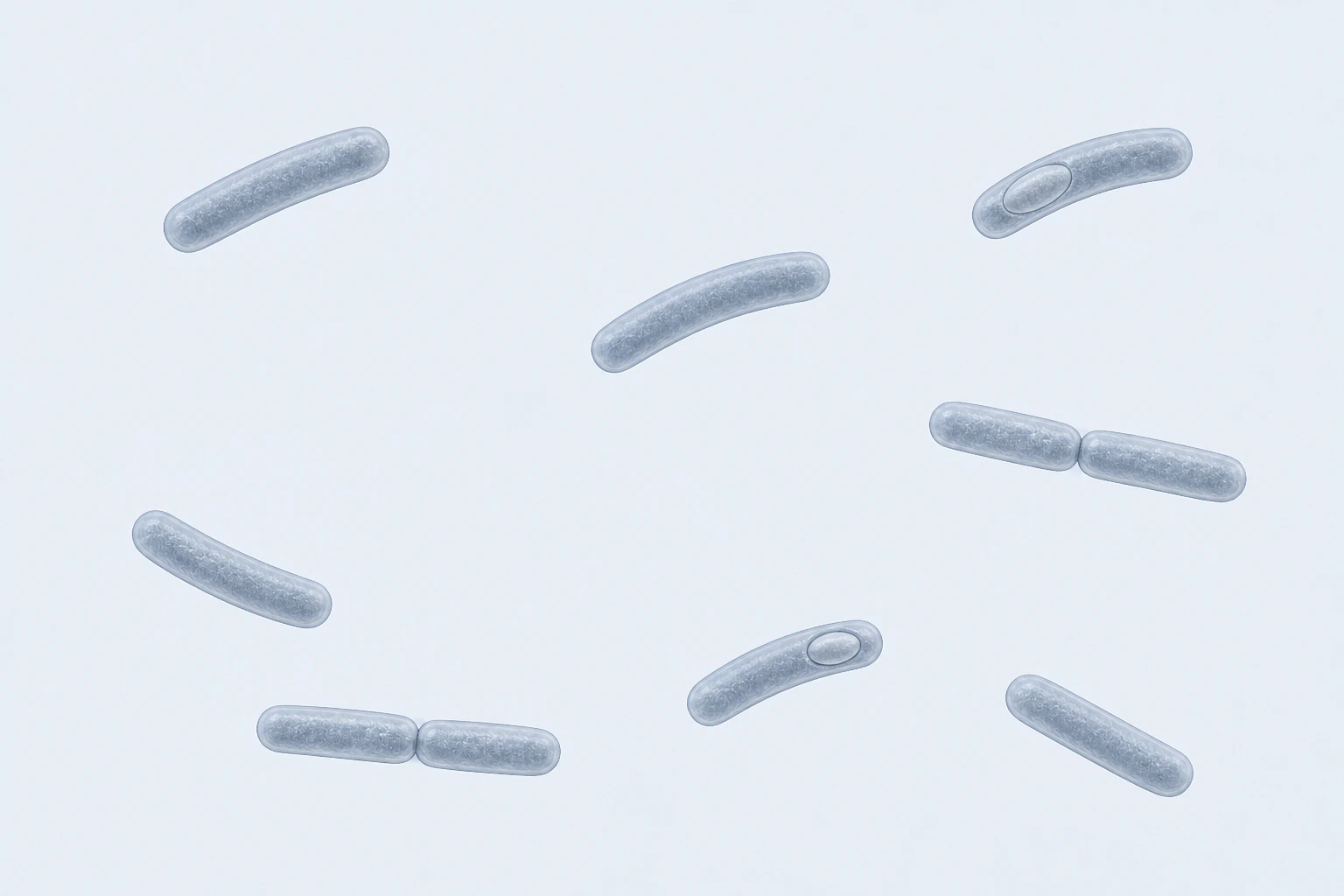 Ten representative Clostridioides difficile rods appear in eight groupings: six singles and two touching pairs; two single rods contain one oval subterminal endospore each.
