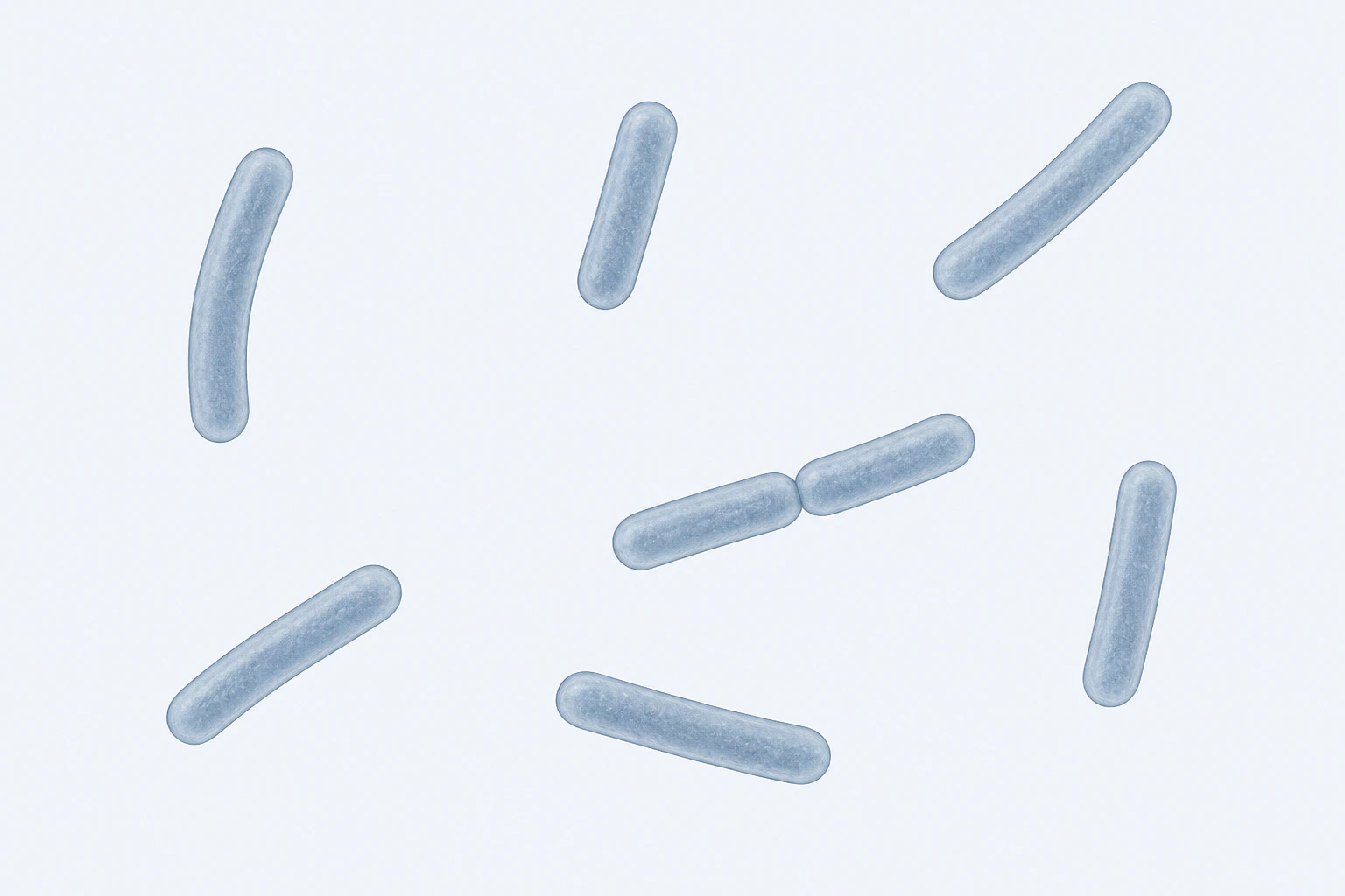 Eight representative Clostridium butyricum rods appear in seven groupings: six isolated straight-to-curved singles and one touching pair.